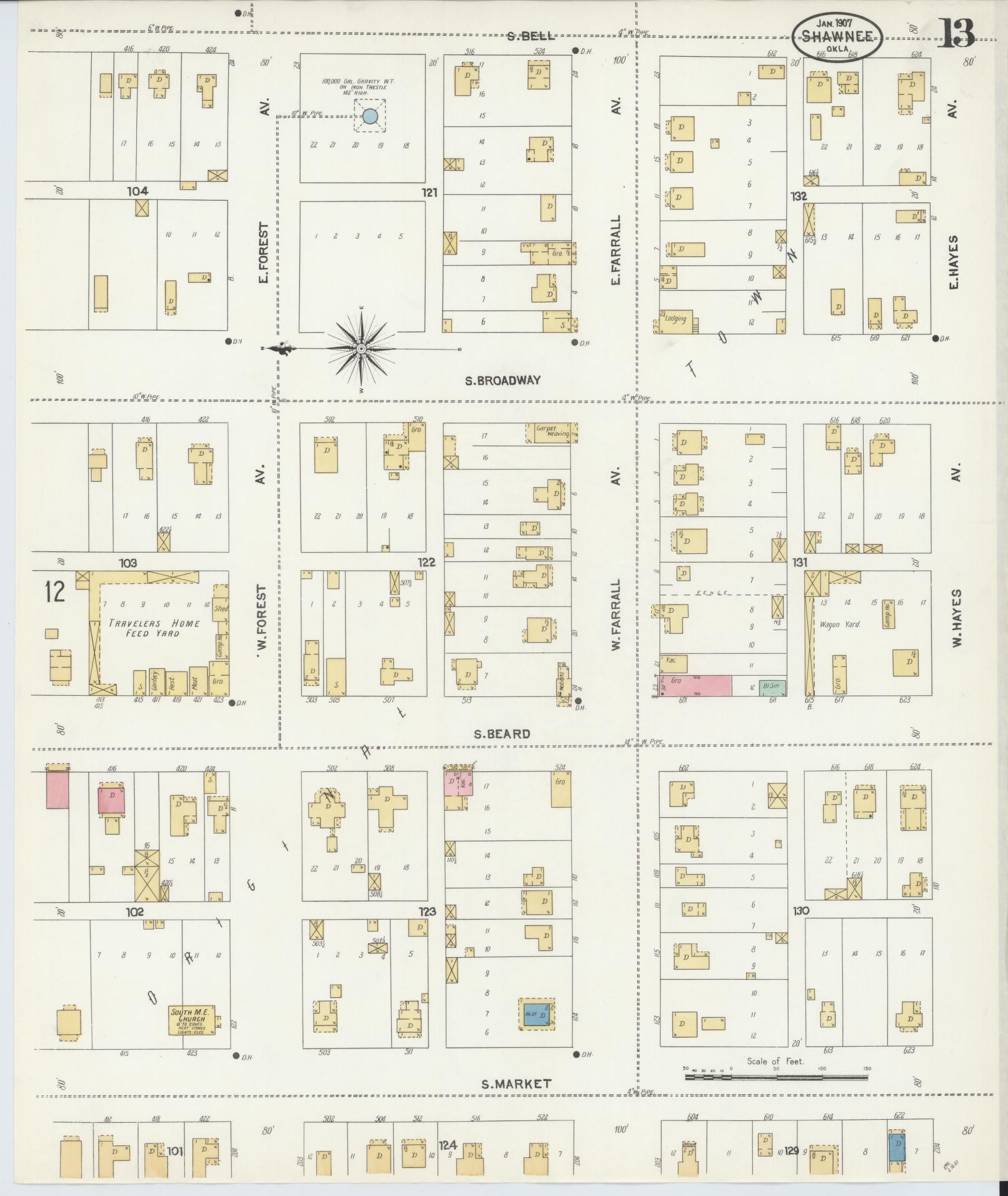 Sanborn Fire Insurance Map from Shawnee, Pottawatomie County, Oklahoma (1907), Sheet #0013 - Complete Map Set gallery image, historic Sanborn map, vintage wall art, Oklahoma Oklahoma