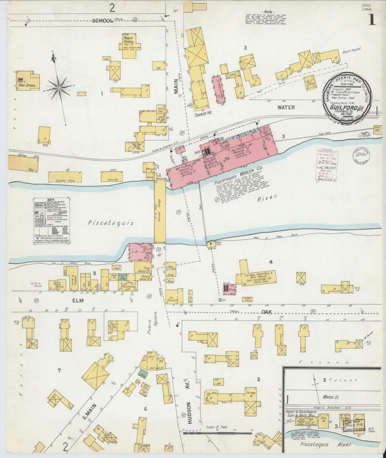 Sanborn Fire Insurance Map from Guilford, Piscataquis County, Maine (1900), Sheet #0001 - Historic Sanborn Fire Insurance Map Print, vintage old map wall art, antique decor, genealogy gift, Maine Maine map