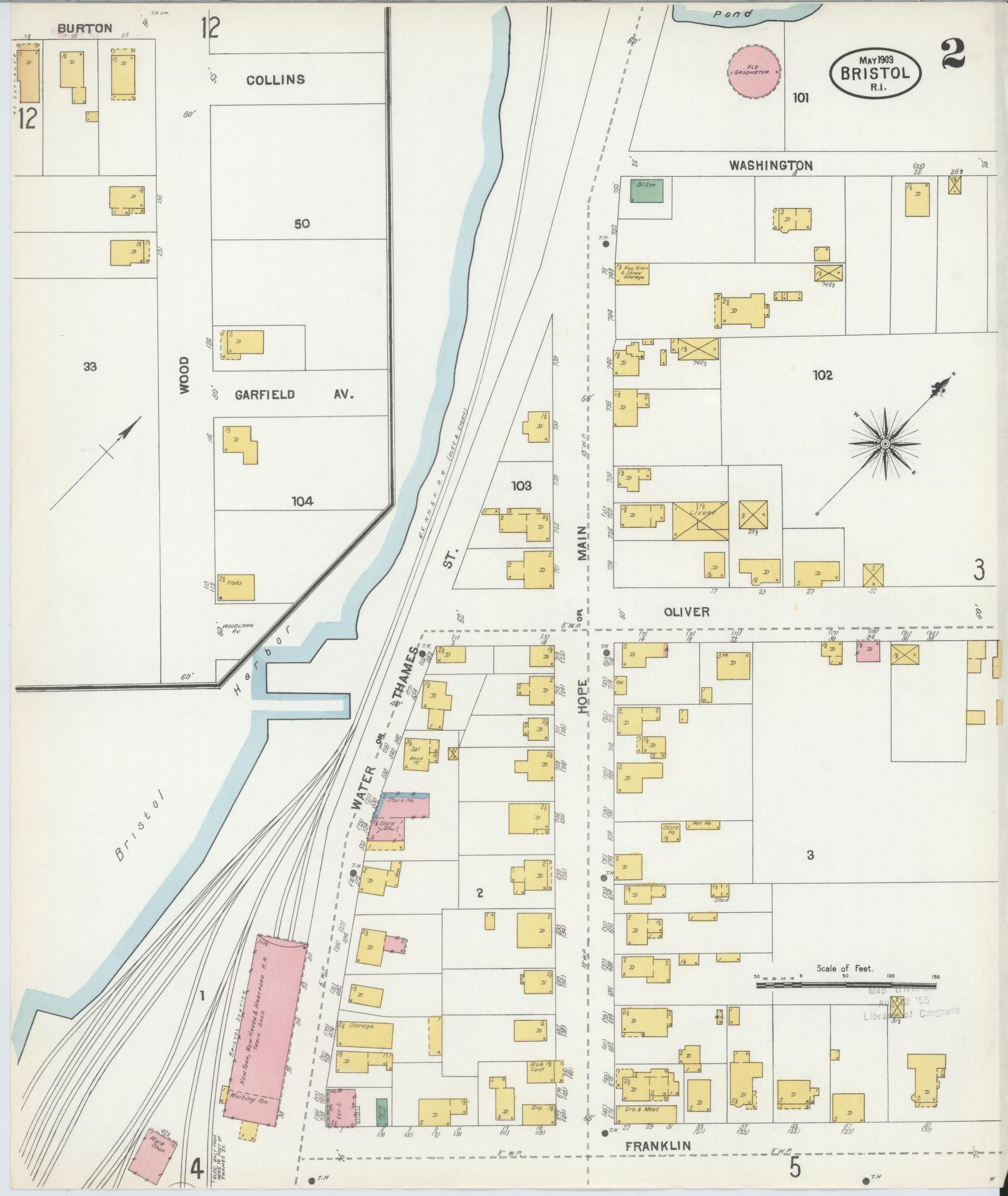 Sanborn Fire Insurance Map from Bristol, Bristol County, Rhode Island (1903), Sheet #0002 - Historic Sanborn Fire Insurance Map Print, vintage old map wall art, antique decor, genealogy gift, Rhode Island Rhode Island map
