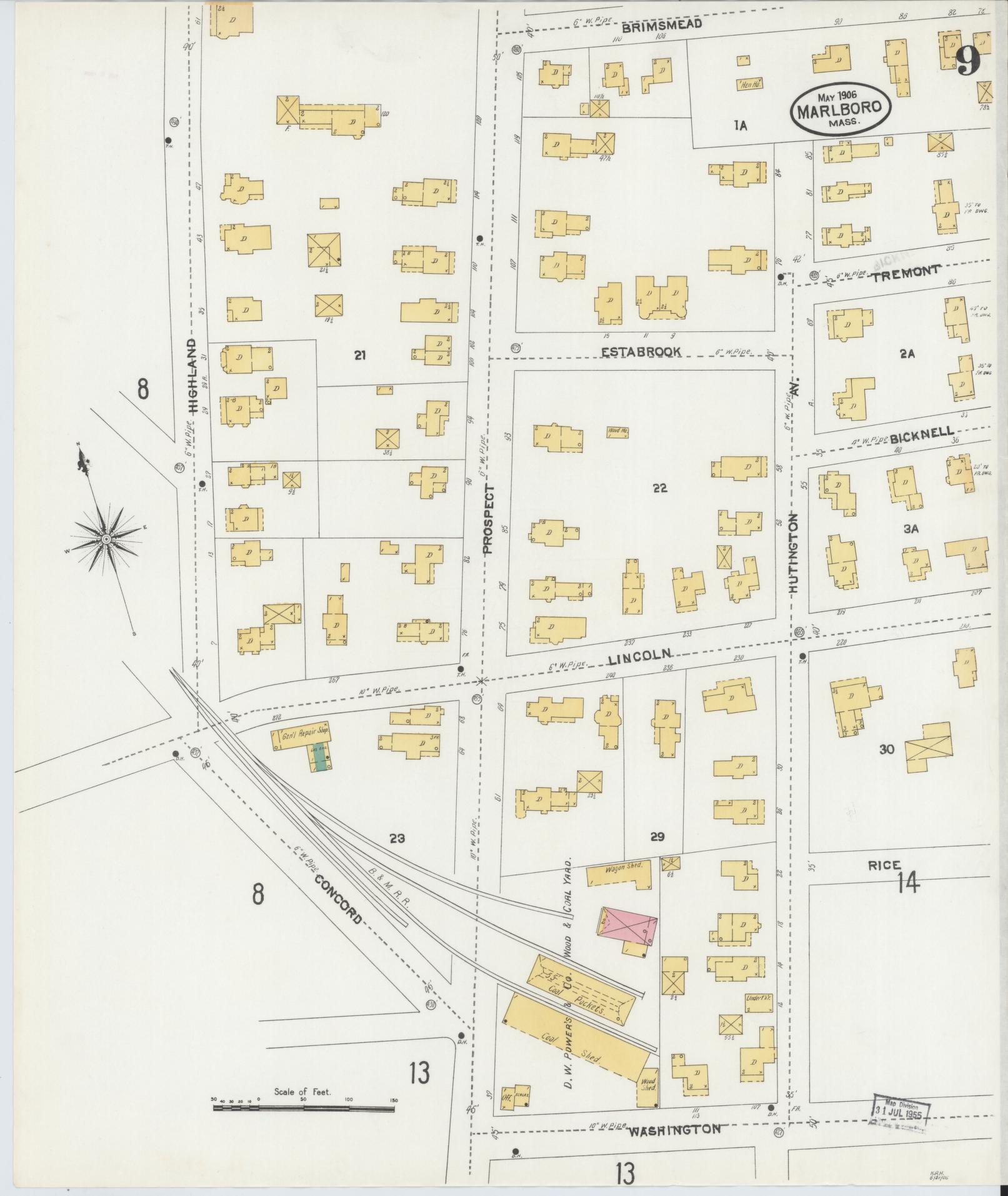 Sanborn Fire Insurance Map from Marlborough, Middlesex County, Massachusetts (1906), Sheet #0009 - Historic Sanborn Fire Insurance Map Print, vintage old map wall art, antique decor, genealogy gift, Massachusetts Massachusetts map