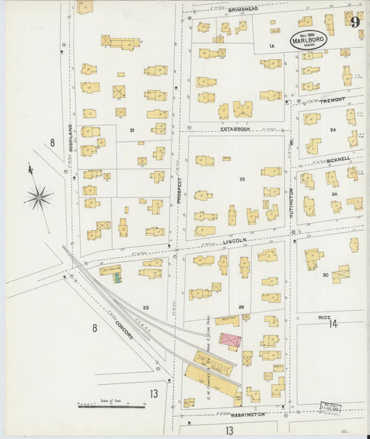 Sanborn Fire Insurance Map from Marlborough, Middlesex County, Massachusetts (1906), Sheet #0009 - Historic Sanborn Fire Insurance Map Print, vintage old map wall art, antique decor, genealogy gift, Massachusetts Massachusetts map