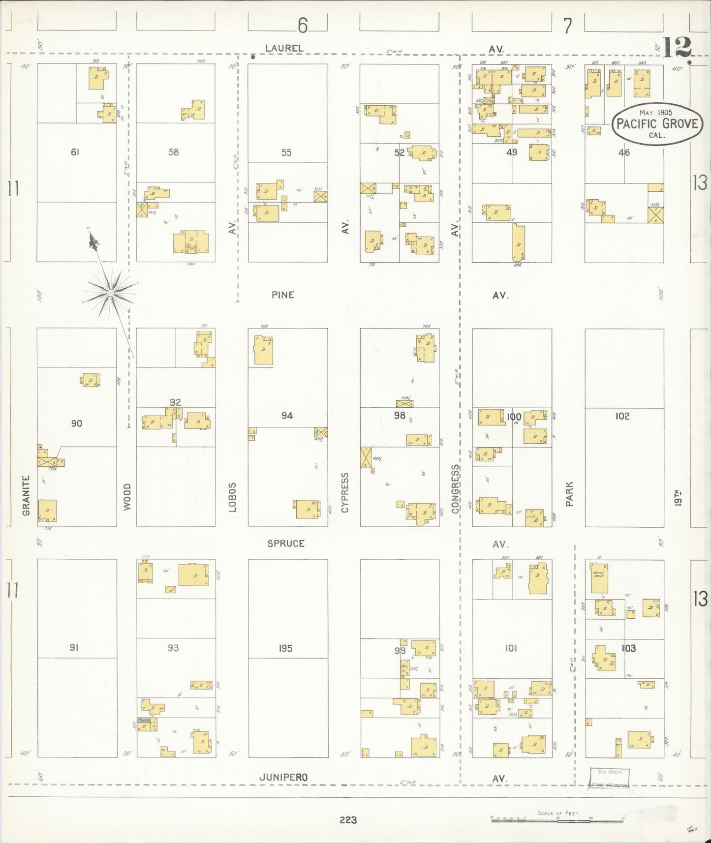 Sanborn Fire Insurance Map from Pacific Grove, Monterey County, California (1905), Sheet #0012 - Complete Map Set gallery image, historic Sanborn map, vintage wall art, California California