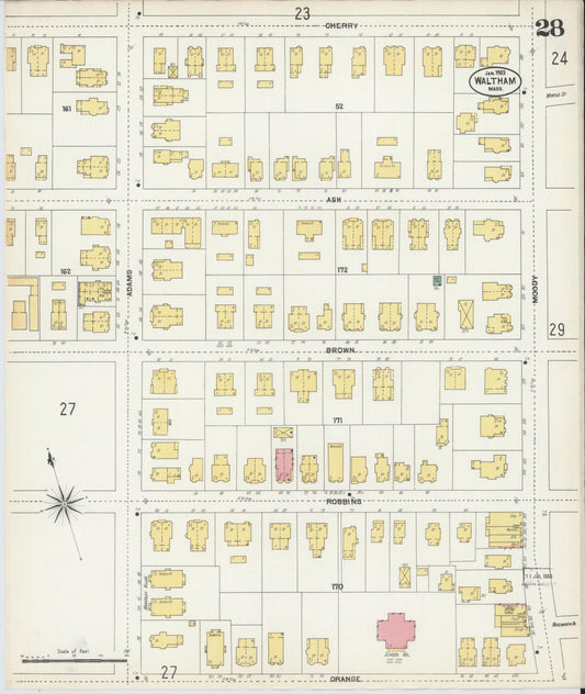 Sanborn Fire Insurance Map from Waltham, Middlesex County, Massachusetts (1903), Sheet #0028 - Historic Sanborn Fire Insurance Map Print, vintage old map wall art, antique decor, genealogy gift, Massachusetts Massachusetts map
