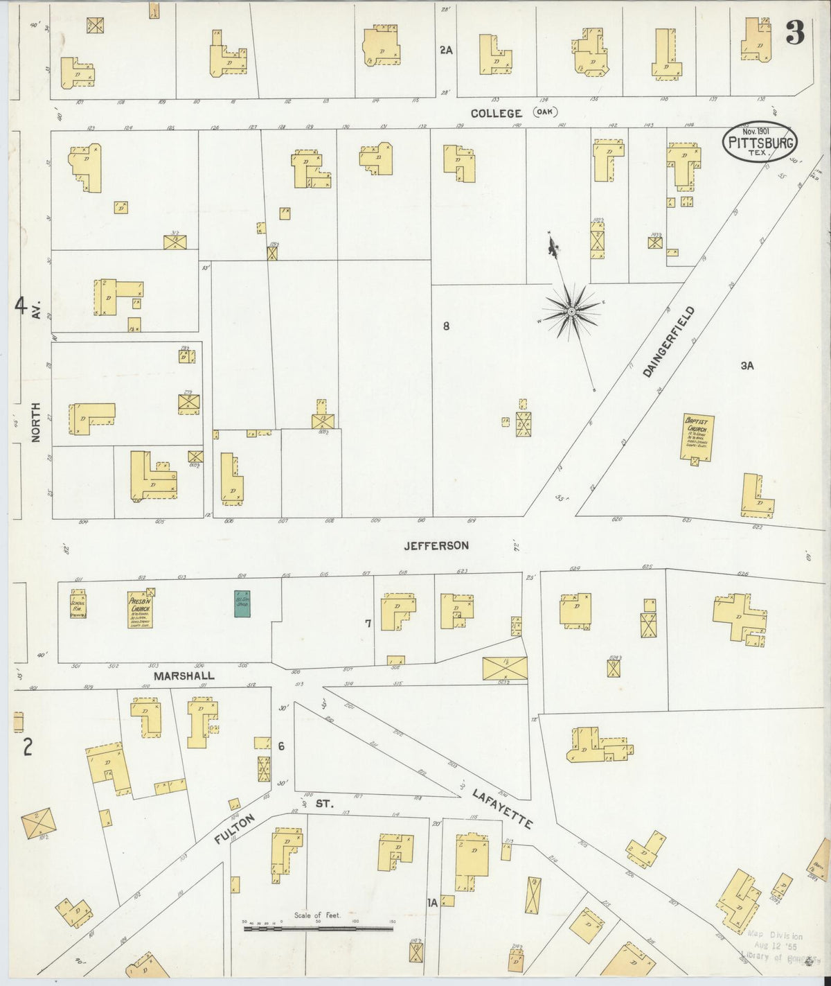 Sanborn Fire Insurance Map from Pittsburg, Camp County, Texas (1901), Sheet #0003 - Historic Sanborn Fire Insurance Map Print, vintage old map wall art, antique decor, genealogy gift, Texas Texas map