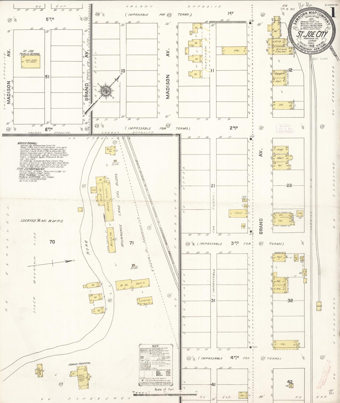 Sanborn Fire Insurance Map from Saint Joe City, Benewah County, Idaho (1912), Sheet #0001 - Historic Sanborn Fire Insurance Map Print, vintage old map wall art, antique decor, genealogy gift, Idaho Idaho map