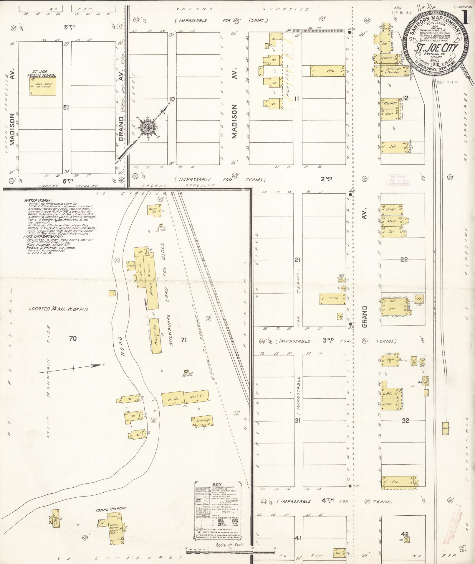 Sanborn Fire Insurance Map from Saint Joe City, Benewah County, Idaho (1912), Sheet #0001 - Historic Sanborn Fire Insurance Map Print, vintage old map wall art, antique decor, genealogy gift, Idaho Idaho map