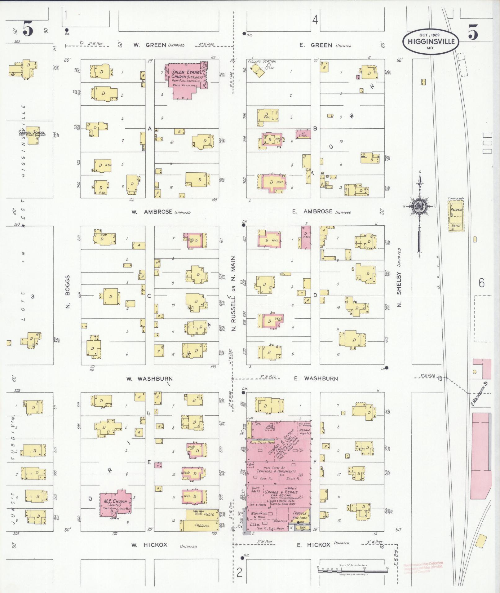 Sanborn Fire Insurance Map from Higginsville, Lafayette County, Missouri (1929), Sheet #0005 - Historic Sanborn Fire Insurance Map Print, vintage old map wall art, antique decor, genealogy gift, Missouri Missouri map
