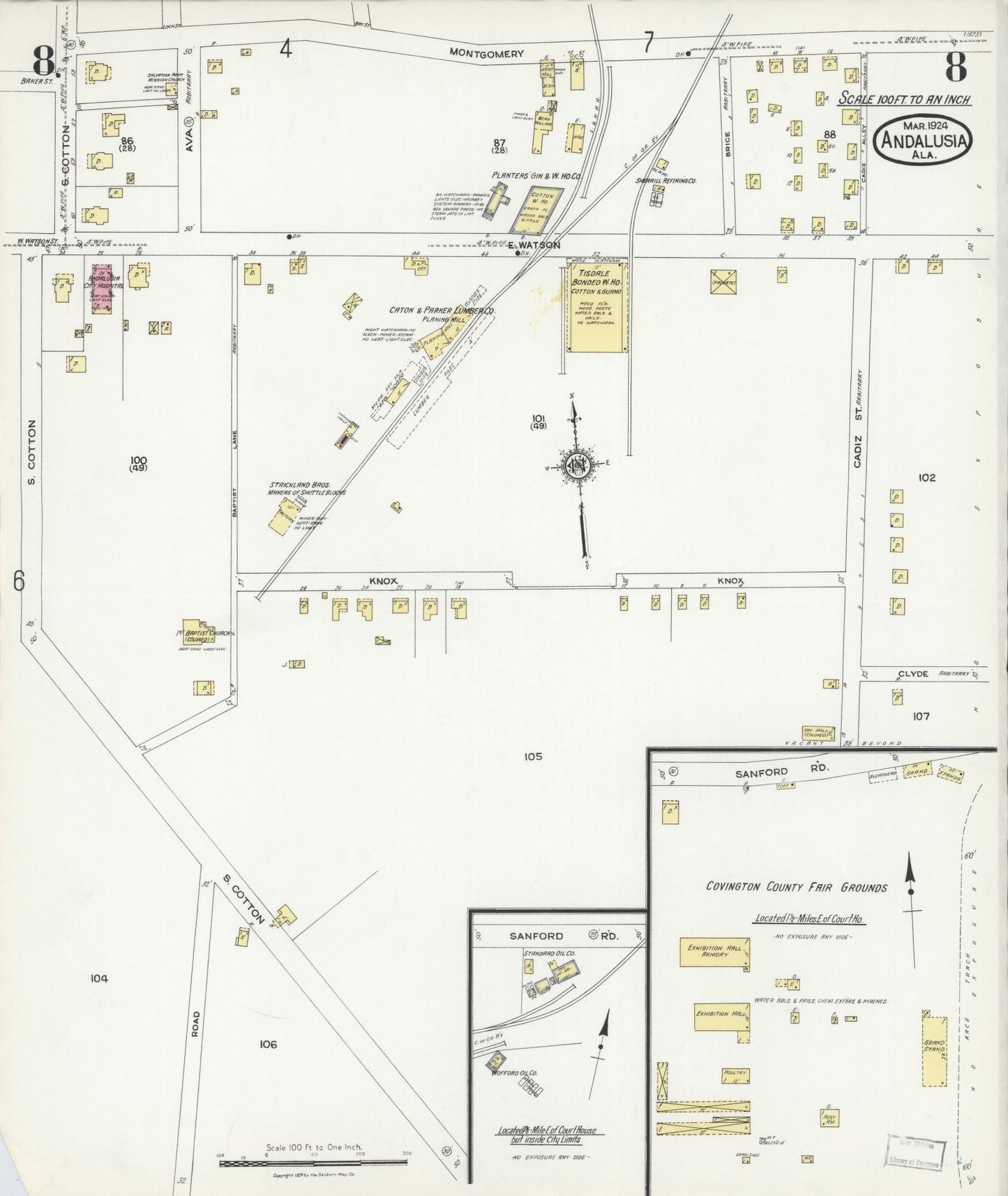 Sanborn Fire Insurance Map from Andalusia, Covington County, Alabama (1924), Sheet #0008 - Complete Map Set gallery image, historic Sanborn map, vintage wall art, Alabama Alabama