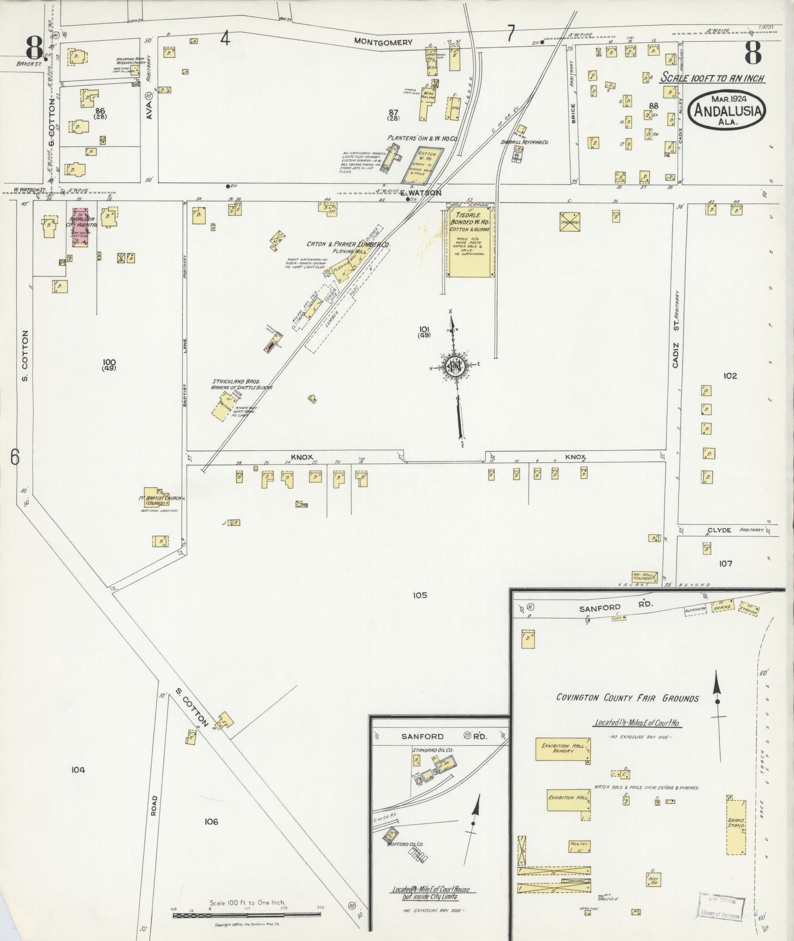 Sanborn Fire Insurance Map from Andalusia, Covington County, Alabama (1924), Sheet #0008 - Complete Map Set gallery image, historic Sanborn map, vintage wall art, Alabama Alabama