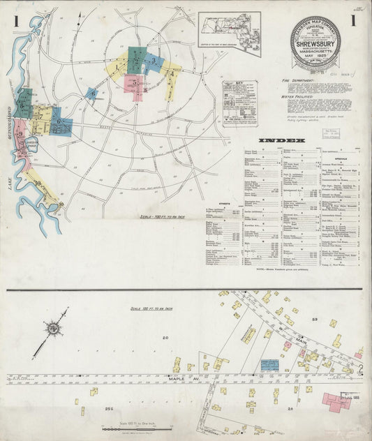 Sanborn Fire Insurance Map from Shrewsbury, Worcester County, Massachusetts (1925), Sheet #0001 - Historic Sanborn Fire Insurance Map Print, vintage old map wall art, antique decor, genealogy gift, Massachusetts Massachusetts map