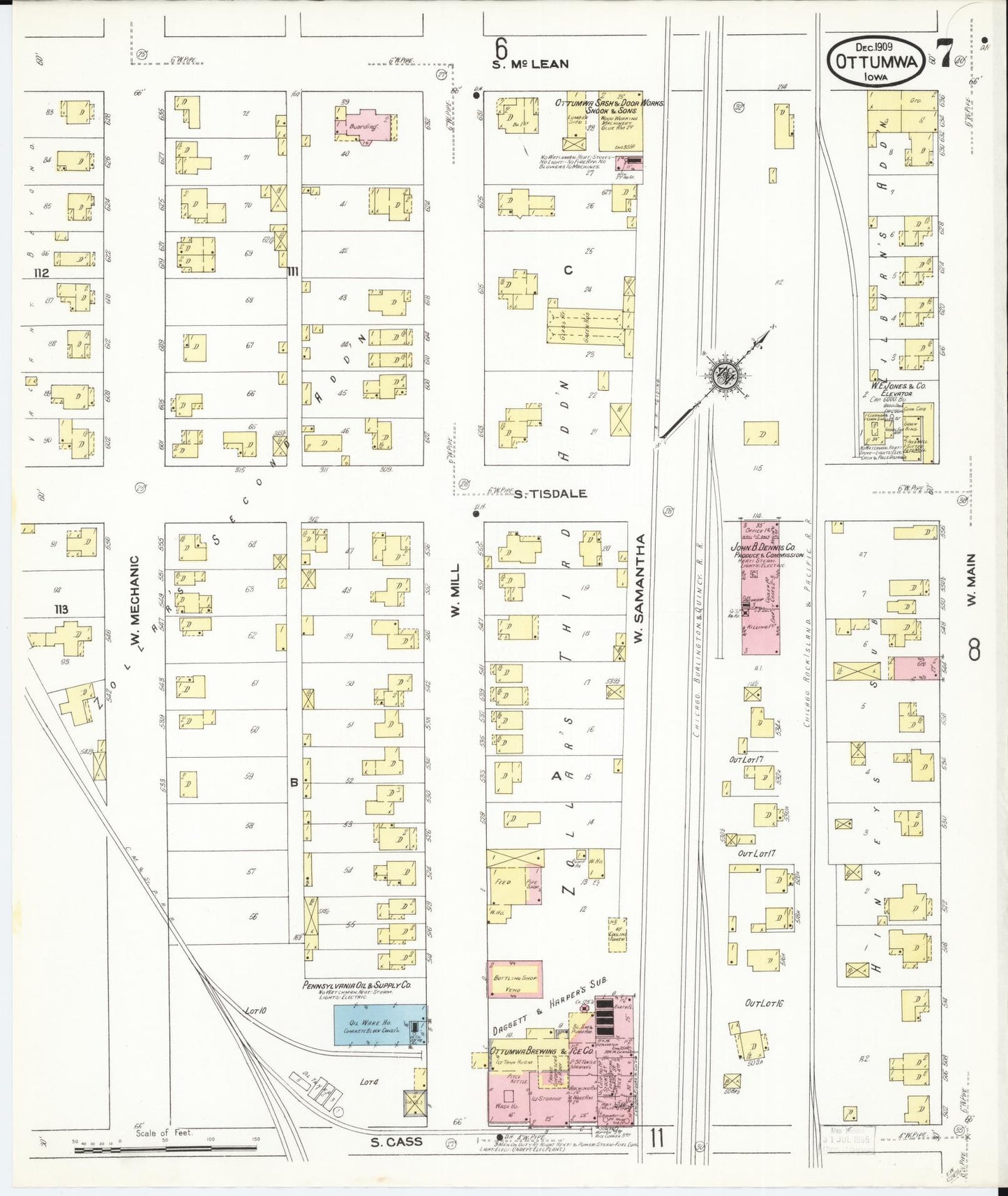 Sanborn Fire Insurance Map from Ottumwa, Wapello County, Iowa (1909), Sheet #0007 - Historic Sanborn Fire Insurance Map Print, vintage old map wall art