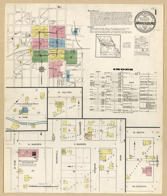 Sanborn Fire Insurance Map from Warrensburg, Johnson County, Missouri (1914), Sheet #0001 - Historic Sanborn Fire Insurance Map Print, vintage old map wall art, antique decor, genealogy gift, Missouri Missouri map