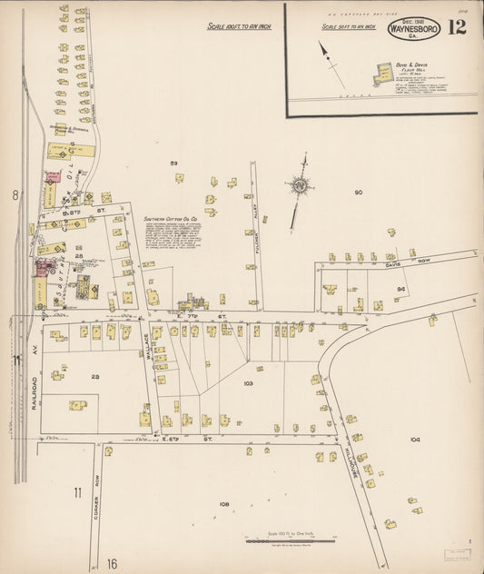 Sanborn Fire Insurance Map from Waynesboro, Burke County, Georgia (1921), Sheet #0012 - Historic Sanborn Fire Insurance Map Print, vintage old map wall art, antique decor, genealogy gift, Georgia Georgia map