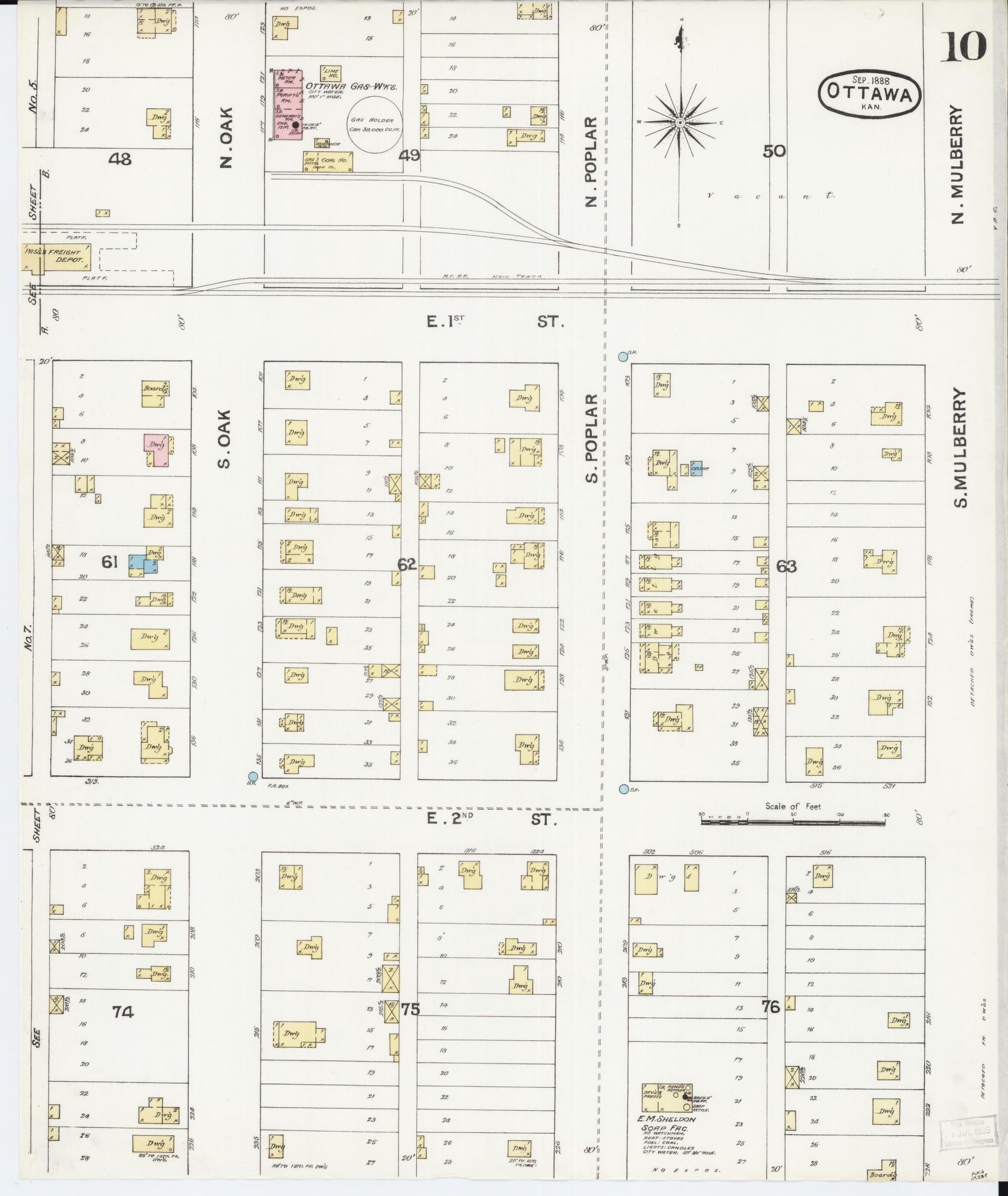 Sanborn Fire Insurance Map from Ottawa, Franklin County, Kansas (1888), Sheet #0010 - Historic Sanborn Fire Insurance Map Print, vintage old map wall art, antique decor, genealogy gift, Kansas Kansas map