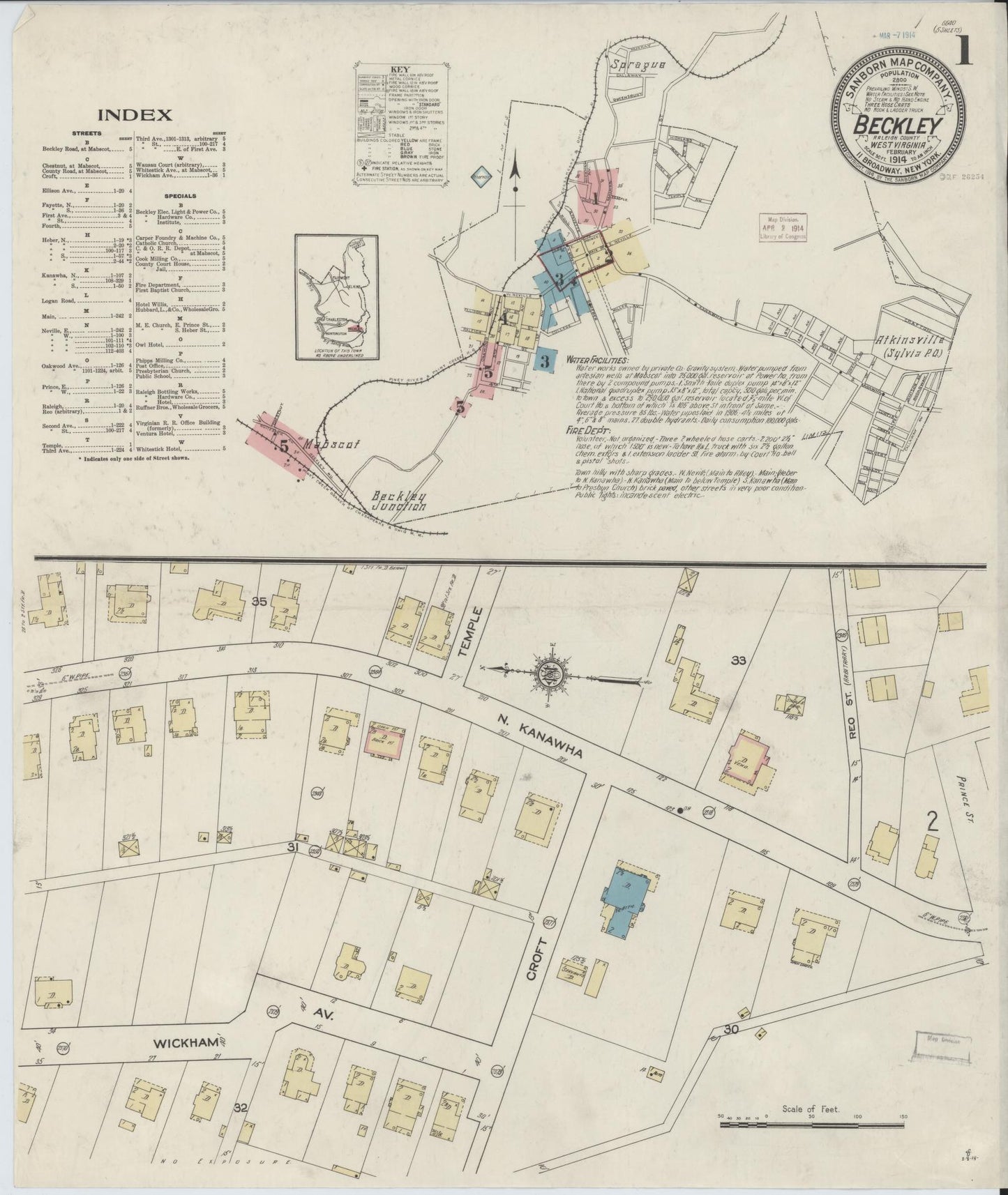 Sanborn Fire Insurance Map from Beckley, Raleigh County, West Virginia (1914), Sheet #0001 - Historic Sanborn Fire Insurance Map Print, vintage old map wall art, antique decor, genealogy gift, West Virginia West Virginia map