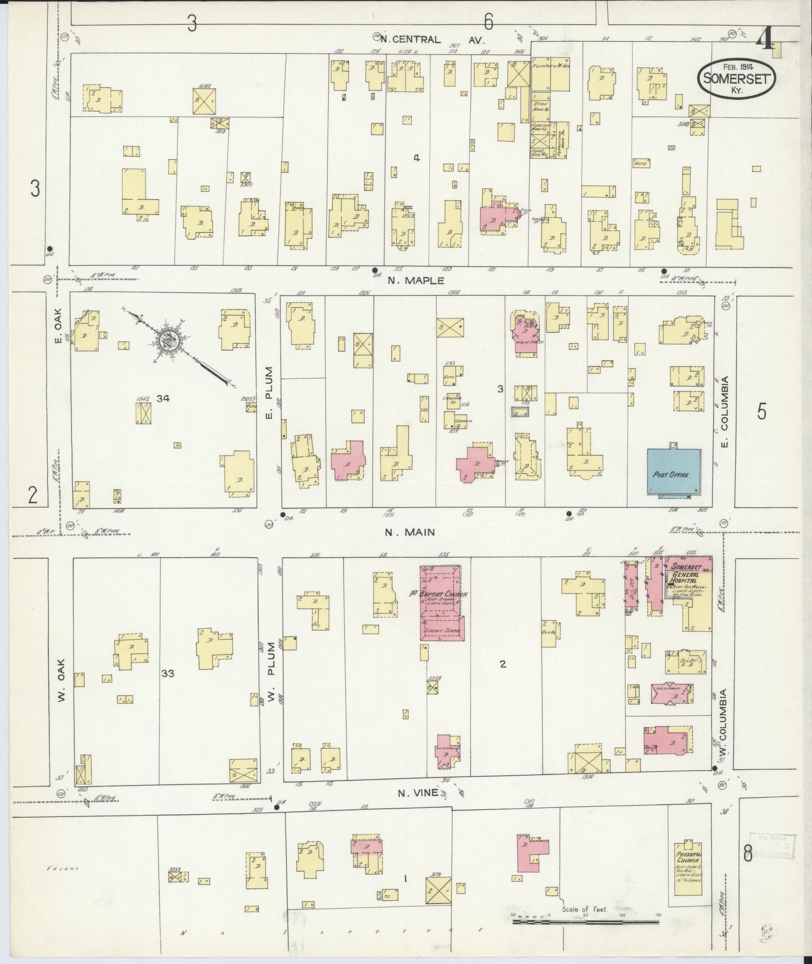 Sanborn Fire Insurance Map from Somerset, Pulaski County, Kentucky (1914), Sheet #0004 - Historic Sanborn Fire Insurance Map Print, vintage old map wall art, antique decor, genealogy gift, Kentucky Kentucky map