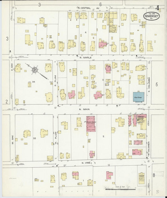 Sanborn Fire Insurance Map from Somerset, Pulaski County, Kentucky (1914), Sheet #0004 - Historic Sanborn Fire Insurance Map Print, vintage old map wall art, antique decor, genealogy gift, Kentucky Kentucky map