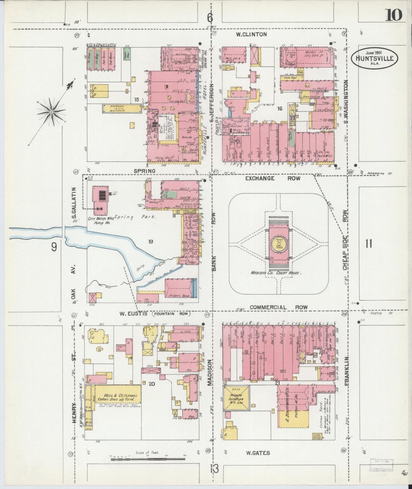 Sanborn Fire Insurance Map from Huntsville, Madison County, Alabama (1901), Sheet #0010 - Historic Sanborn Fire Insurance Map Print, vintage old map wall art, antique decor, genealogy gift, Alabama Alabama map