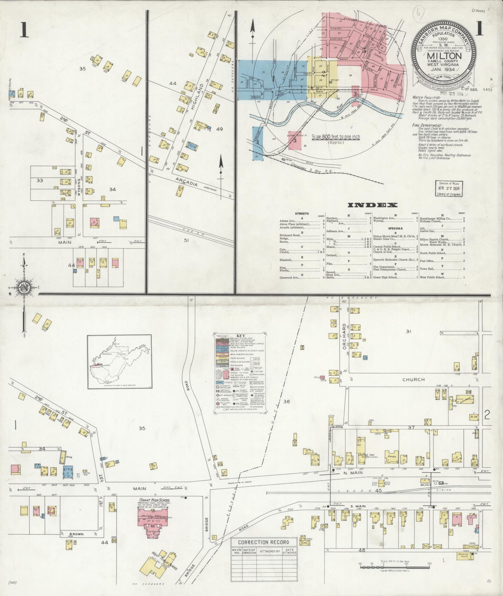 Sanborn Fire Insurance Map from Milton, Cabell County, West Virginia (1934), Sheet #0001 - Historic Sanborn Fire Insurance Map Print, vintage old map wall art, antique decor, genealogy gift, West Virginia West Virginia map