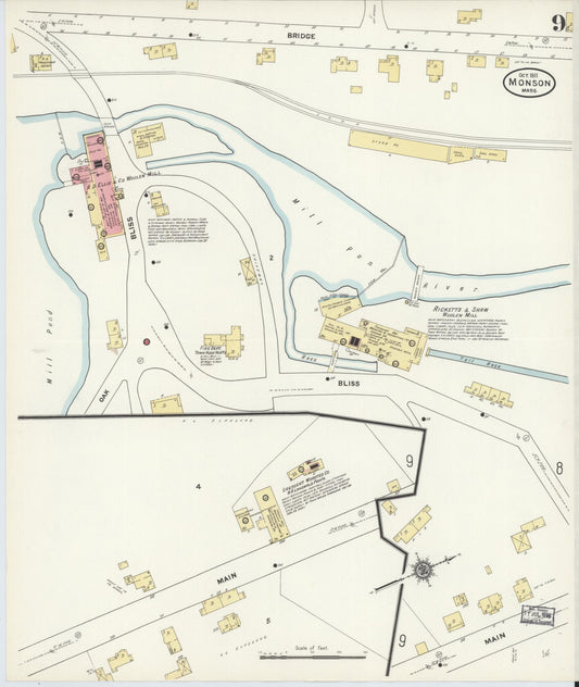 Sanborn Fire Insurance Map from Monson, Hampden County, Massachusetts (1911), Sheet #0009 - Historic Sanborn Fire Insurance Map Print, vintage old map wall art, antique decor, genealogy gift, Massachusetts Massachusetts map