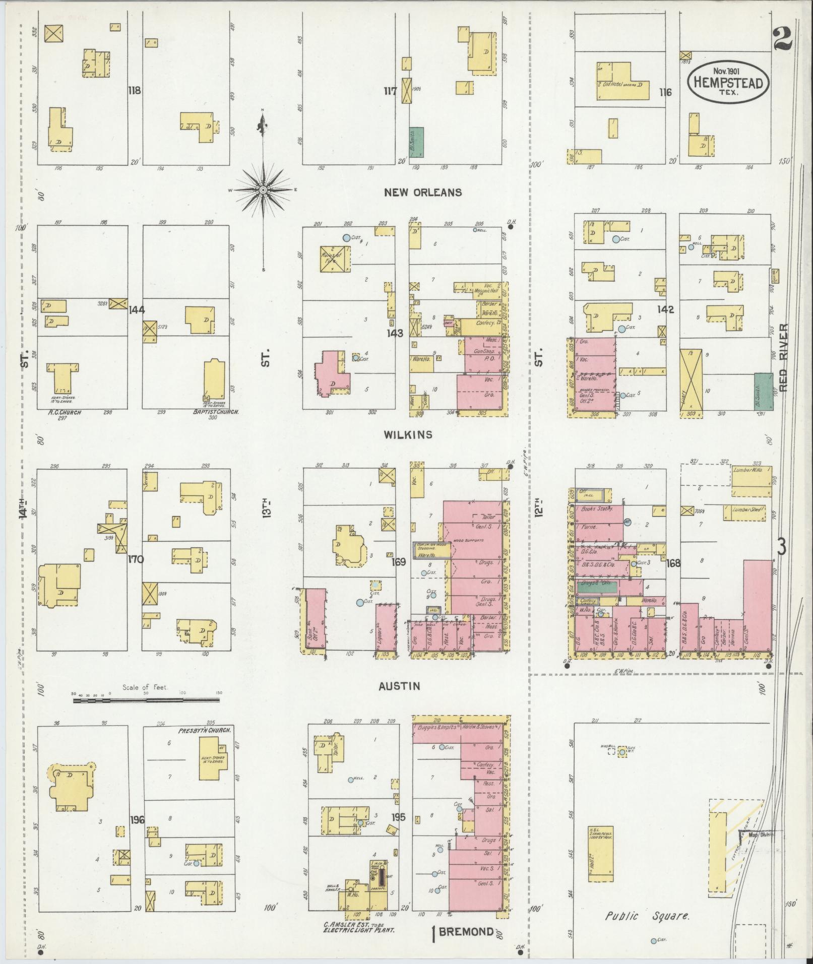 Sanborn Fire Insurance Map from Hempstead, Waller County, Texas (1901), Sheet #0002 - Complete Map Set gallery image, historic Sanborn map, vintage wall art, Texas Texas