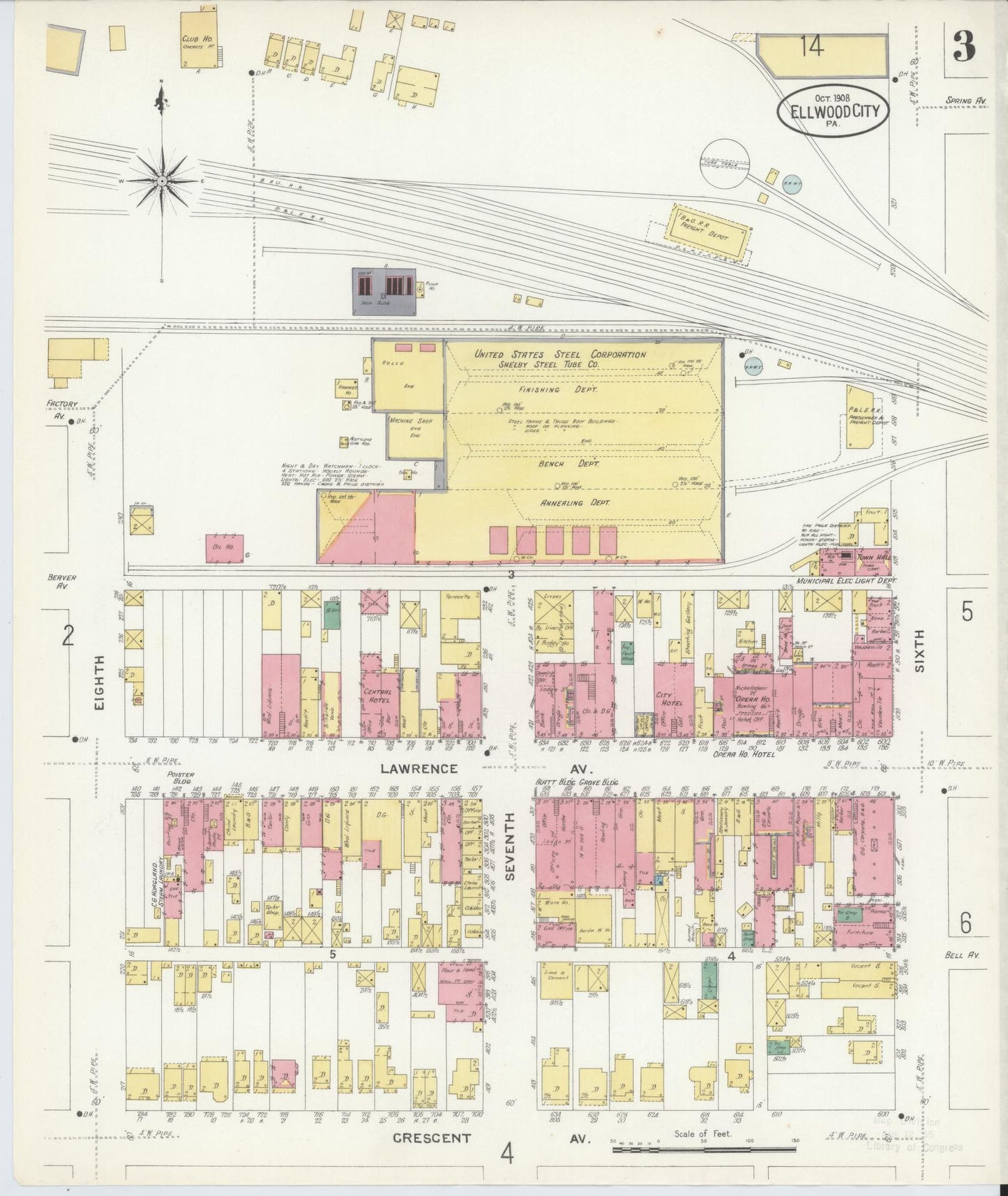 Sanborn Fire Insurance Map from Ellwood City, Lawrence County, Pennsylvania (1908), Sheet #0003 - Historic Sanborn Fire Insurance Map Print, vintage old map wall art, antique decor, genealogy gift, Pennsylvania Pennsylvania map