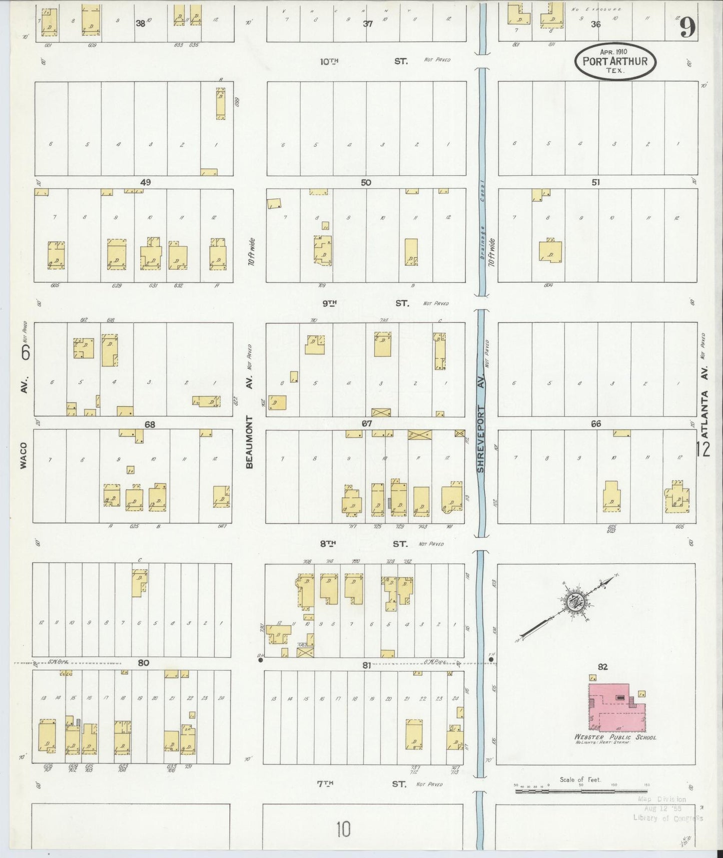 Sanborn Fire Insurance Map from Port Arthur, Jefferson County, Texas (1910), Sheet #0009 - Complete Map Set gallery image, historic Sanborn map, vintage wall art, Texas Texas