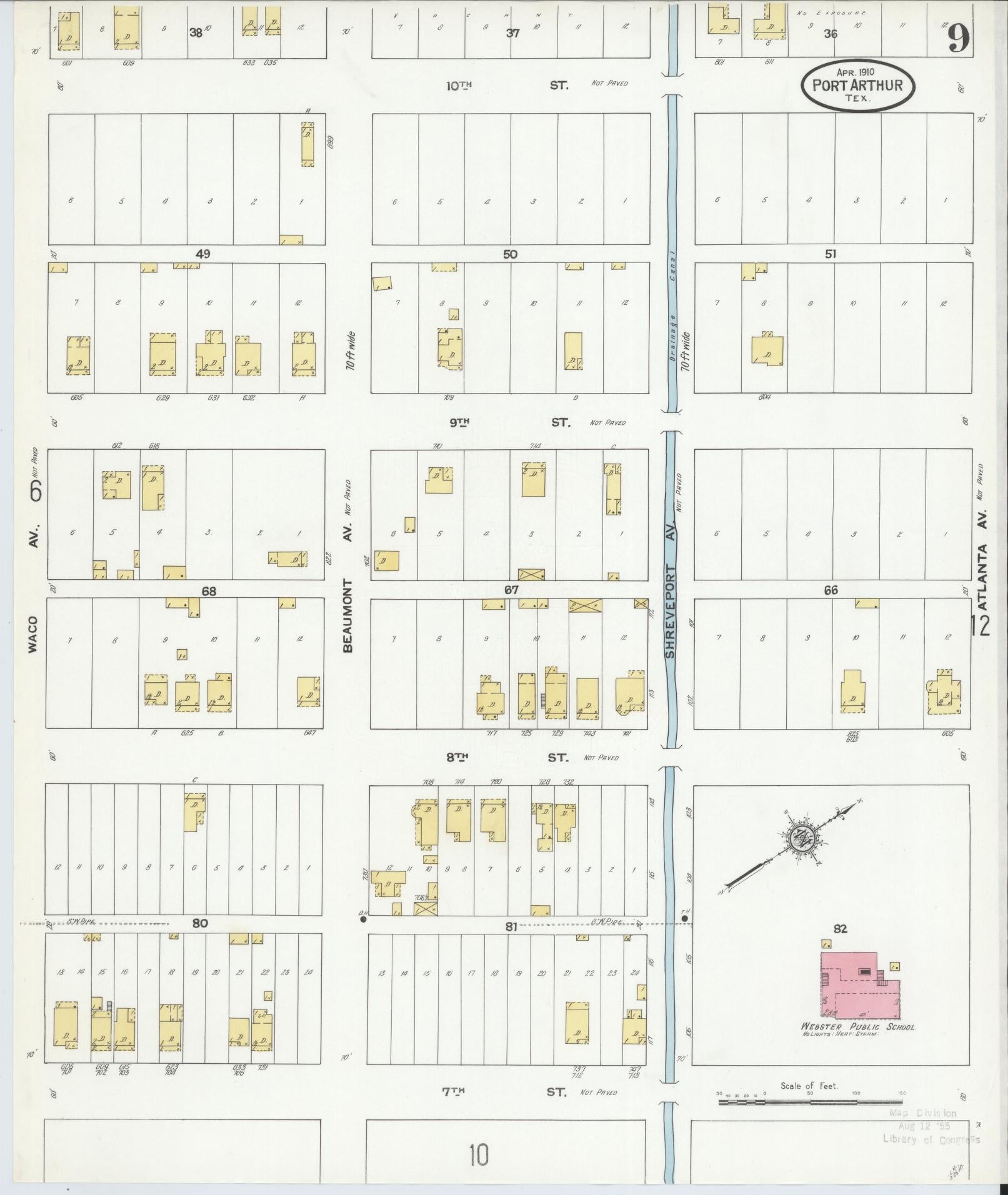 Sanborn Fire Insurance Map from Port Arthur, Jefferson County, Texas (1910), Sheet #0009 - Complete Map Set gallery image, historic Sanborn map, vintage wall art, Texas Texas