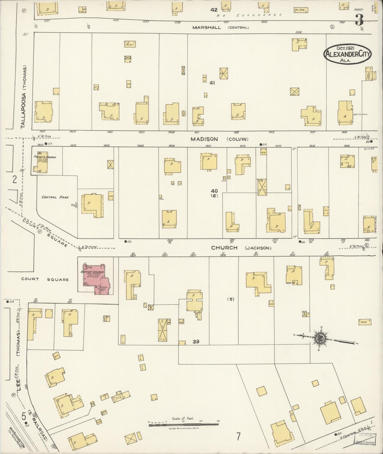 Sanborn Fire Insurance Map from Alexander City, Tallapoosa County, Alabama (1921), Sheet #0003 - Complete Map Set gallery image, historic Sanborn map, vintage wall art, Alabama Alabama