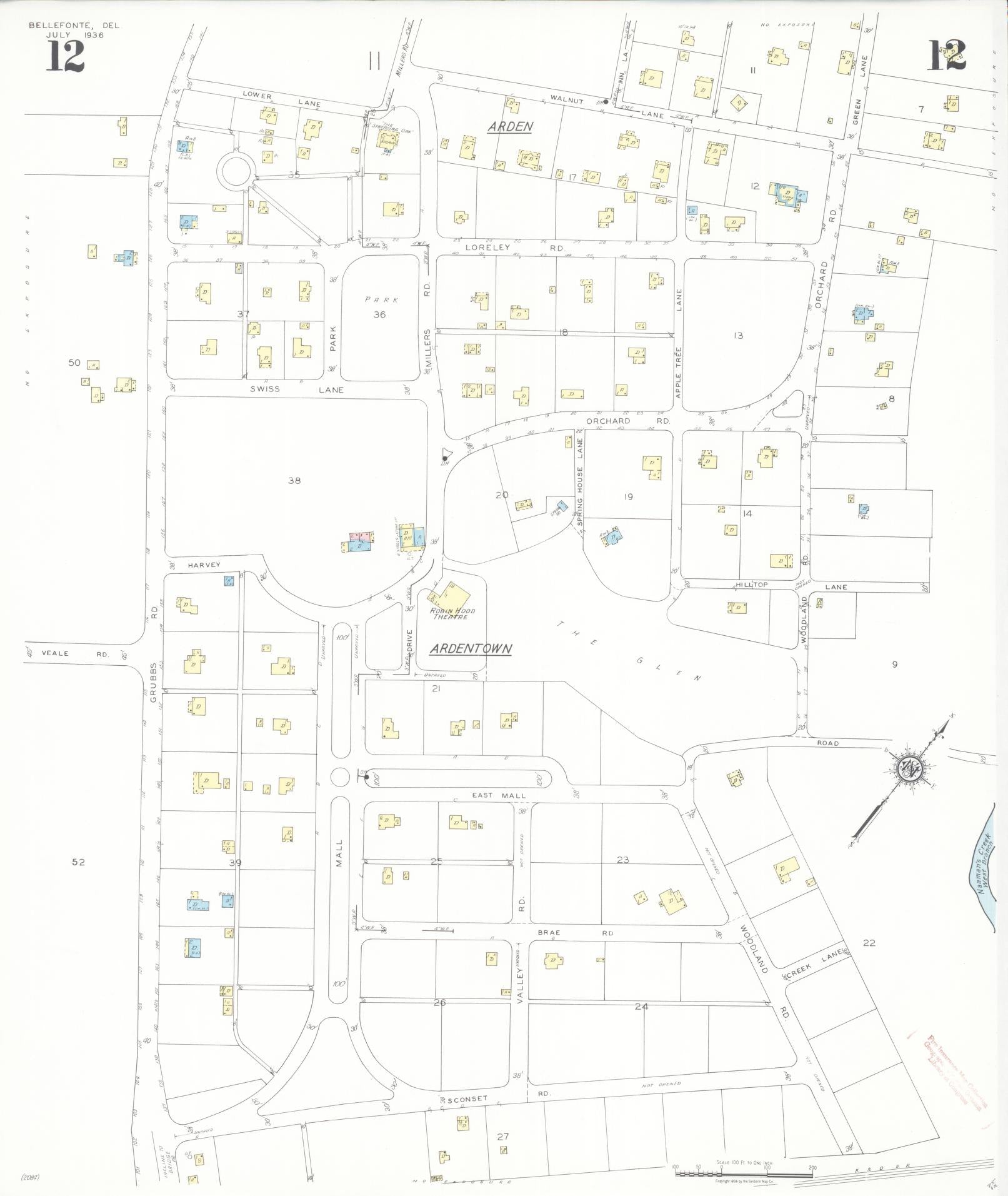 Sanborn Fire Insurance Map from Bellefonte, New Castle County, Delaware (1936), Sheet #0012 - Historic Sanborn Fire Insurance Map Print, vintage old map wall art, antique decor, genealogy gift, Delaware Delaware map