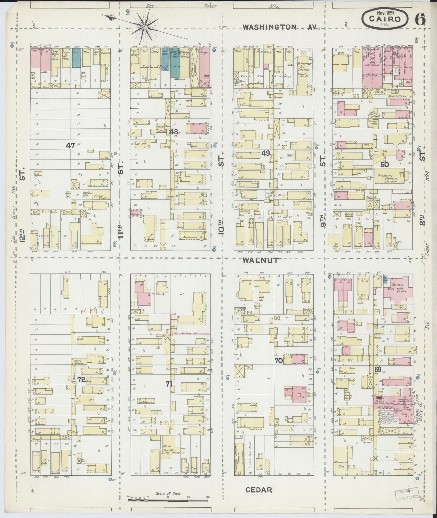 Sanborn Fire Insurance Map from Cairo, Alexander County, Illinois (1891), Sheet #0006 - Historic Sanborn Fire Insurance Map Print, vintage old map wall art, antique decor, genealogy gift, Illinois Illinois map