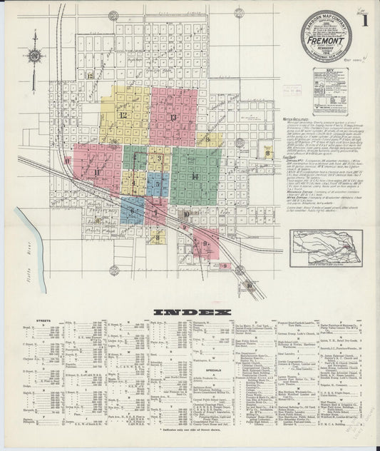 Sanborn Fire Insurance Map from Fremont, Dodge County, Nebraska (1914), Sheet #0001 - Historic Sanborn Fire Insurance Map Print, vintage old map wall art, antique decor, genealogy gift, Nebraska Nebraska map
