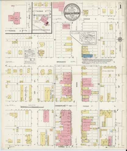 Sanborn Fire Insurance Map from Broken Arrow, Tulsa County, Oklahoma (1913), Sheet #0001 - Complete Map Set gallery image, historic Sanborn map, vintage wall art, Oklahoma Oklahoma
