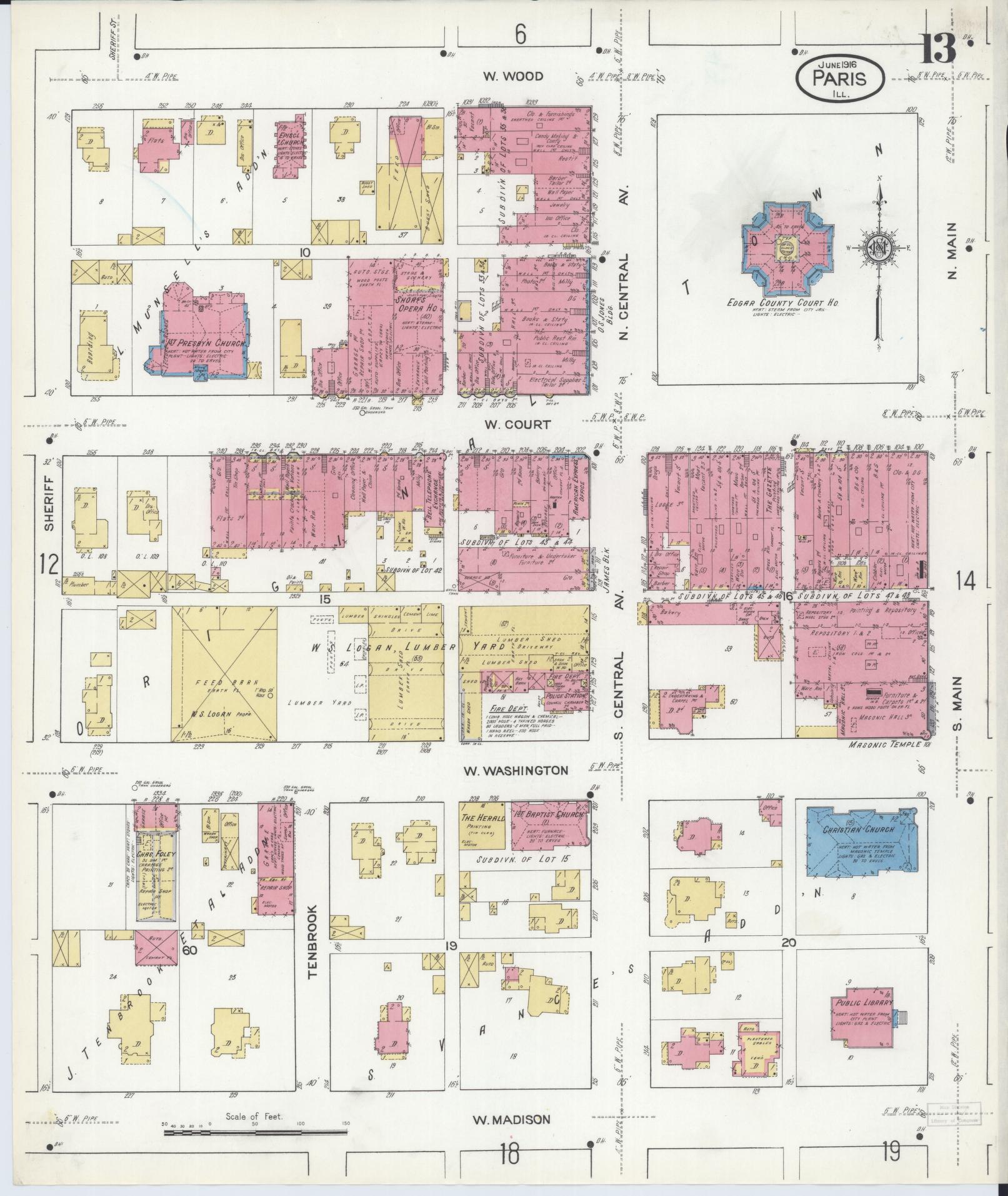 Sanborn Fire Insurance Map from Paris, Edgar County, Illinois (1916), Sheet #0013 - Complete Map Set gallery image, historic Sanborn map, vintage wall art, Illinois Illinois