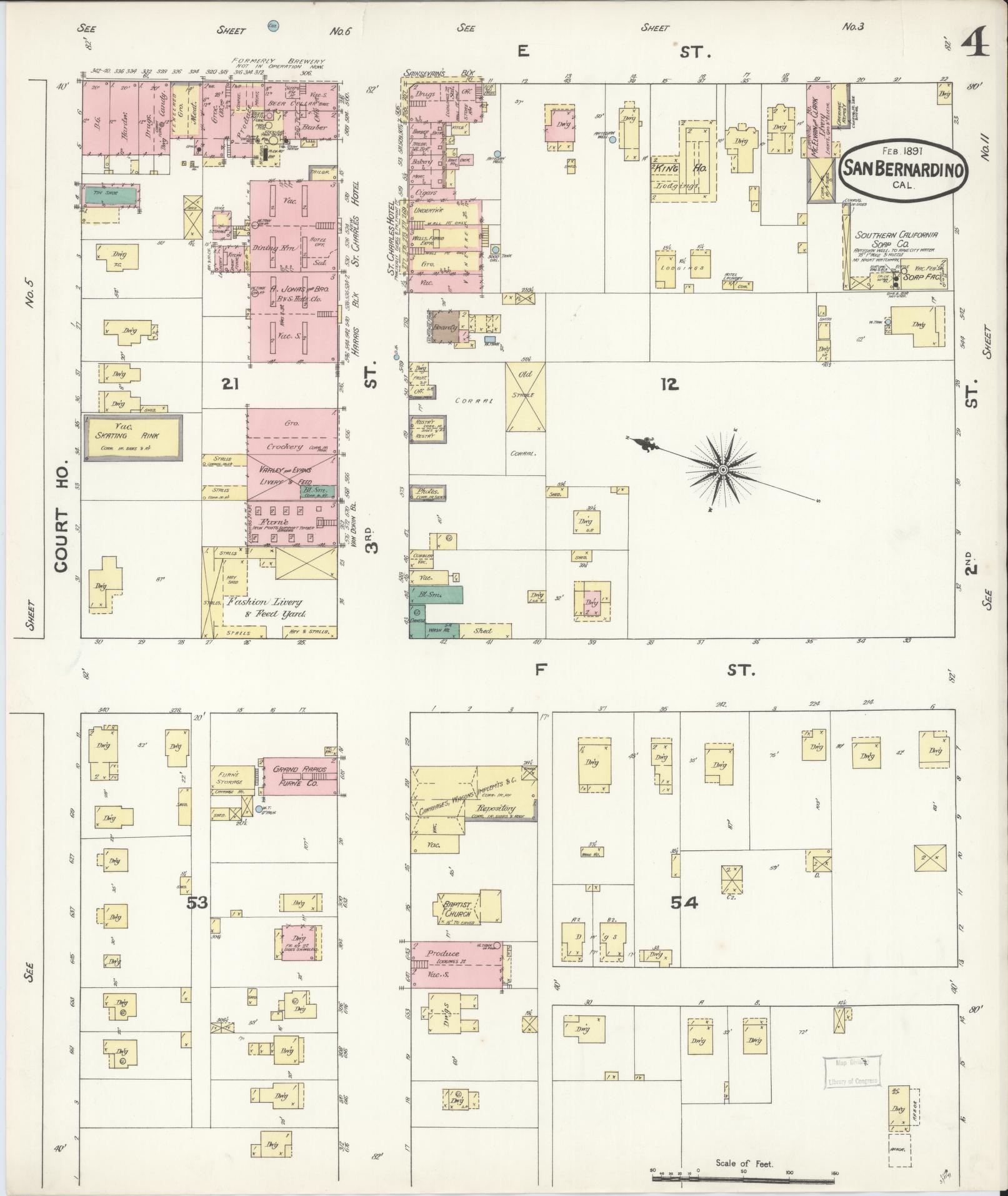 Sanborn Fire Insurance Map from San Bernardino, San Bernardino County, California (1891), Sheet #0004 - Complete Map Set gallery image, historic Sanborn map, vintage wall art, California California