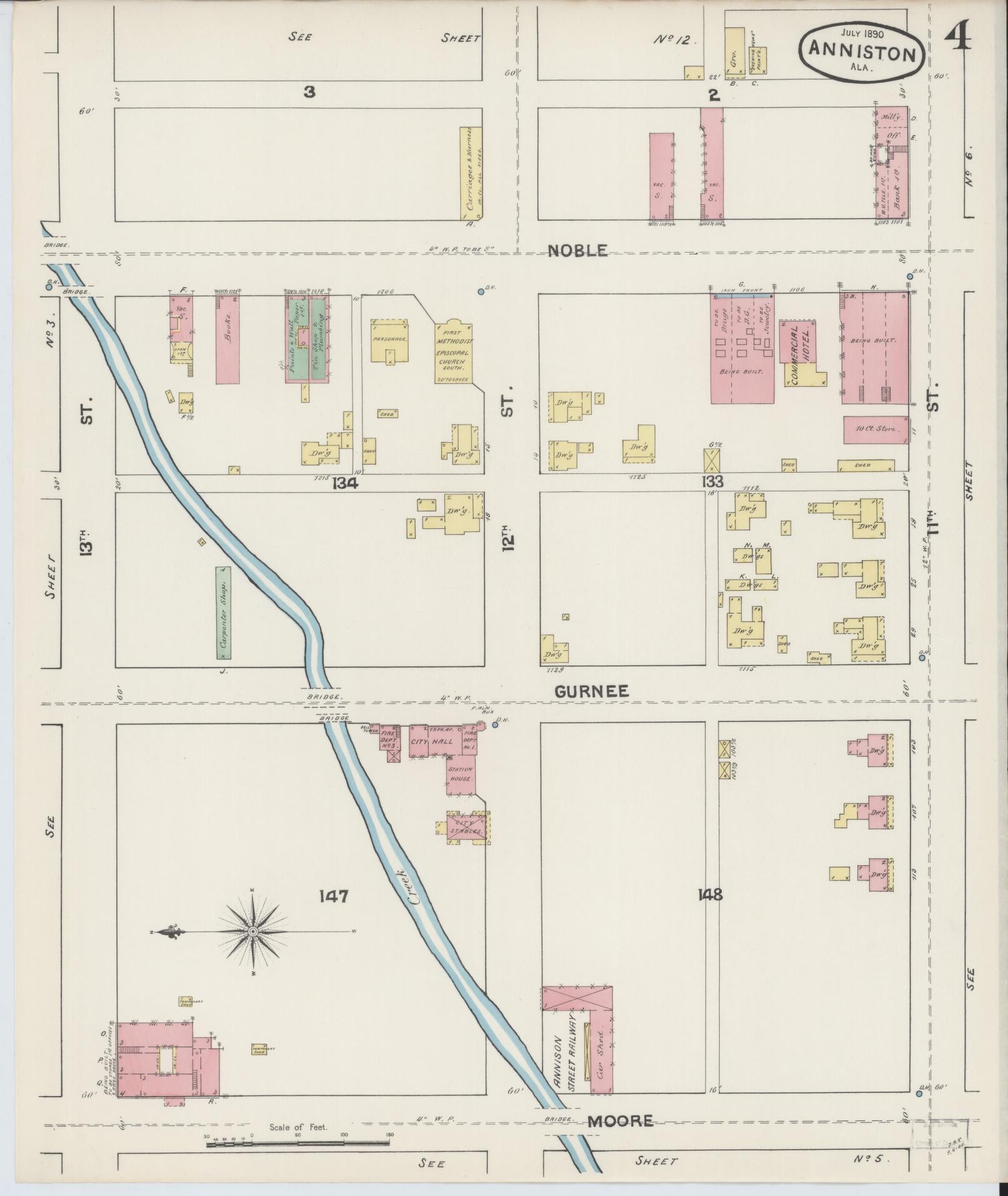 Sanborn Fire Insurance Map from Anniston, Calhoun County, Alabama (1890), Sheet #0004 - Complete Map Set gallery image, historic Sanborn map, vintage wall art, Alabama Alabama