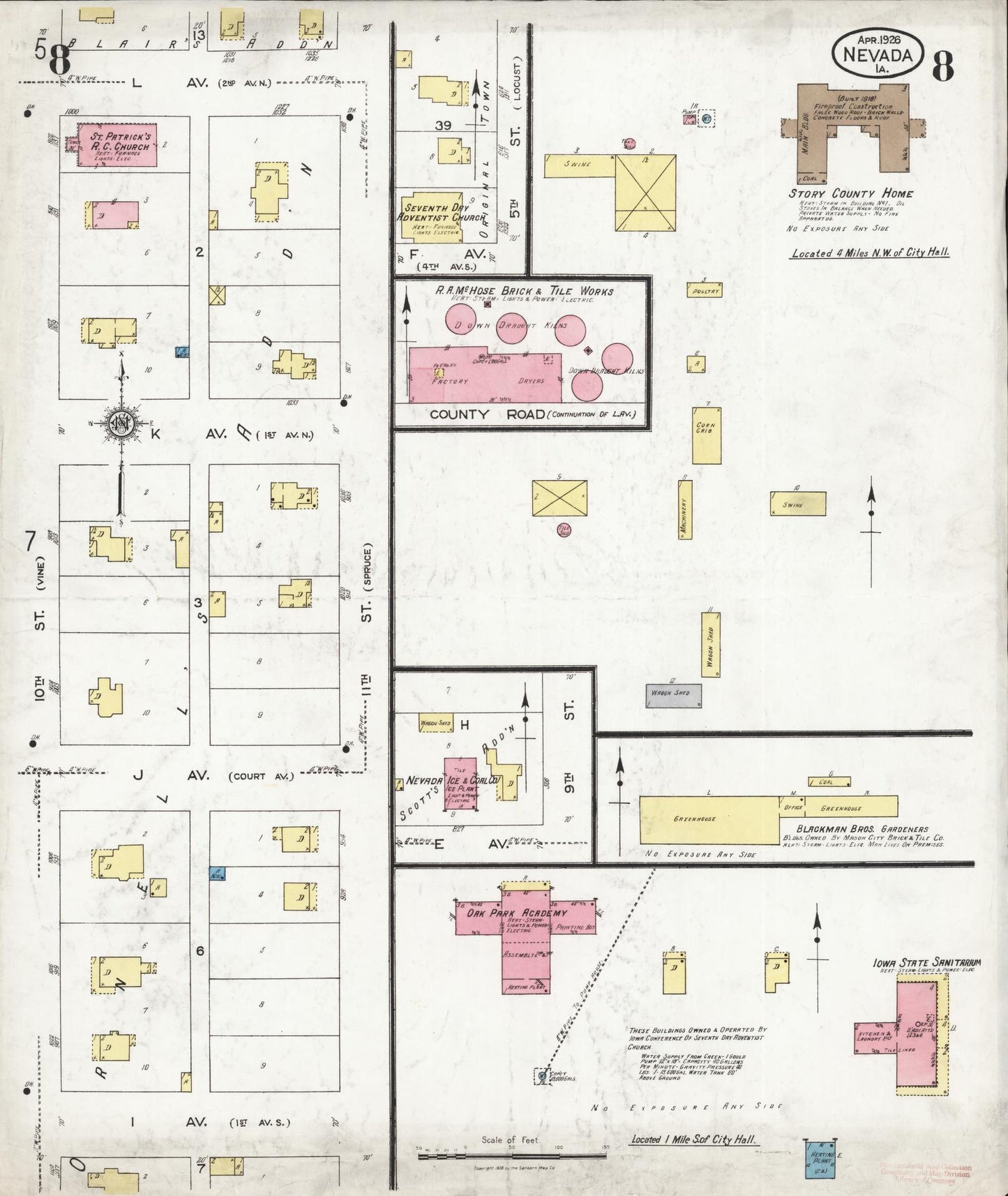 Sanborn Fire Insurance Map from Nevada, Story County, Iowa (1926), Sheet #0008 - Historic Sanborn Fire Insurance Map Print, vintage old map wall art, antique decor, genealogy gift, Nevada Nevada map