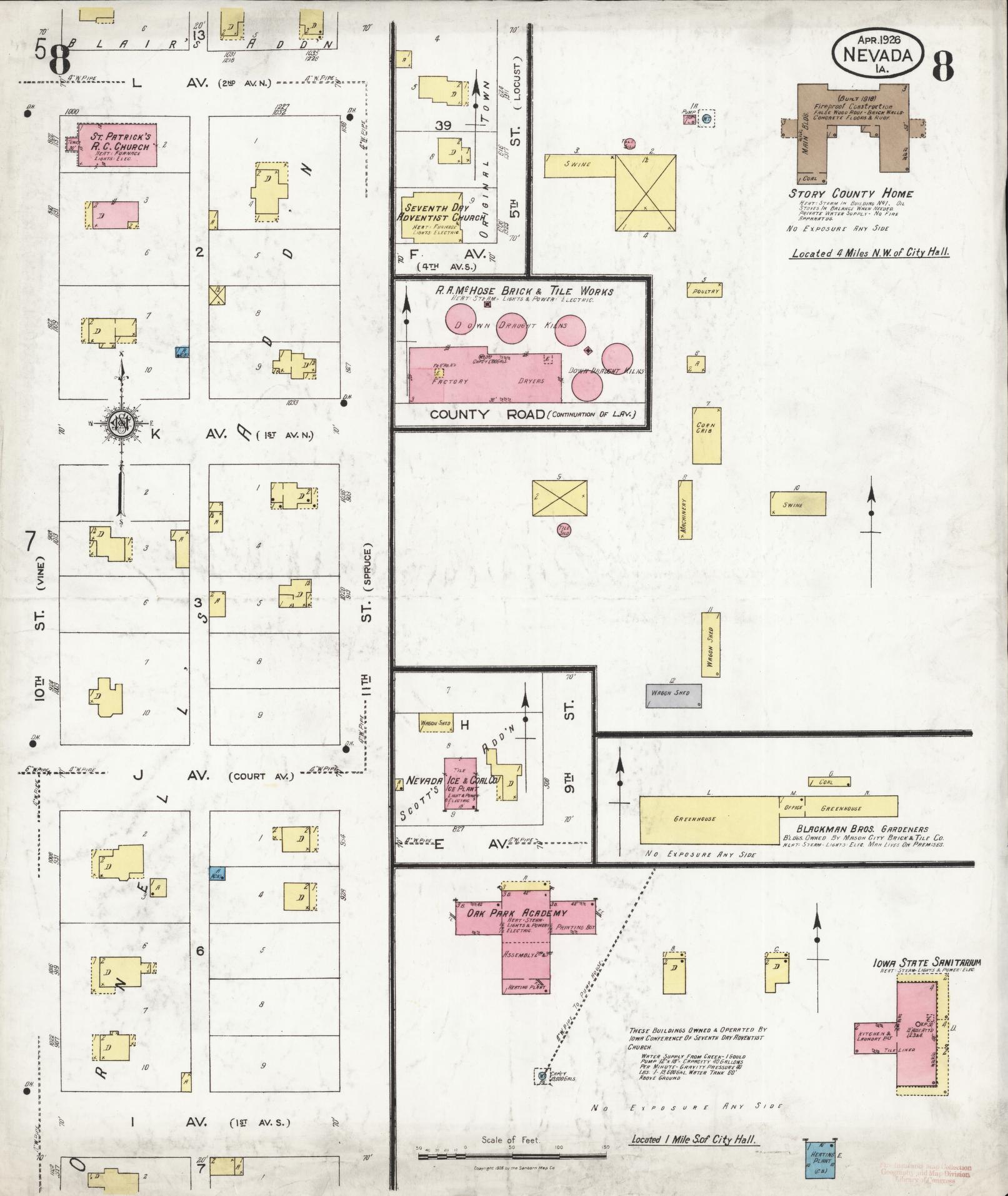 Sanborn Fire Insurance Map from Nevada, Story County, Iowa (1926), Sheet #0008 - Historic Sanborn Fire Insurance Map Print, vintage old map wall art, antique decor, genealogy gift, Nevada Nevada map