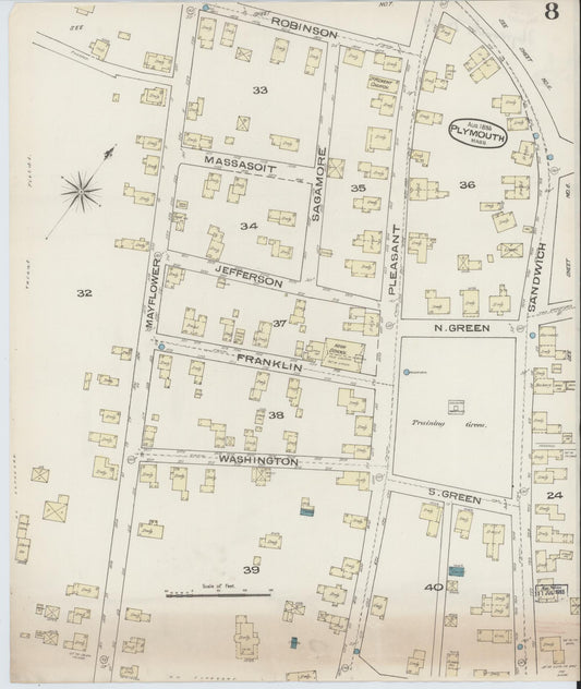 Sanborn Fire Insurance Map from Plymouth, Plymouth County, Massachusetts (1885), Sheet #0008 - Historic Sanborn Fire Insurance Map Print, vintage old map wall art, antique decor, genealogy gift, Massachusetts Massachusetts map