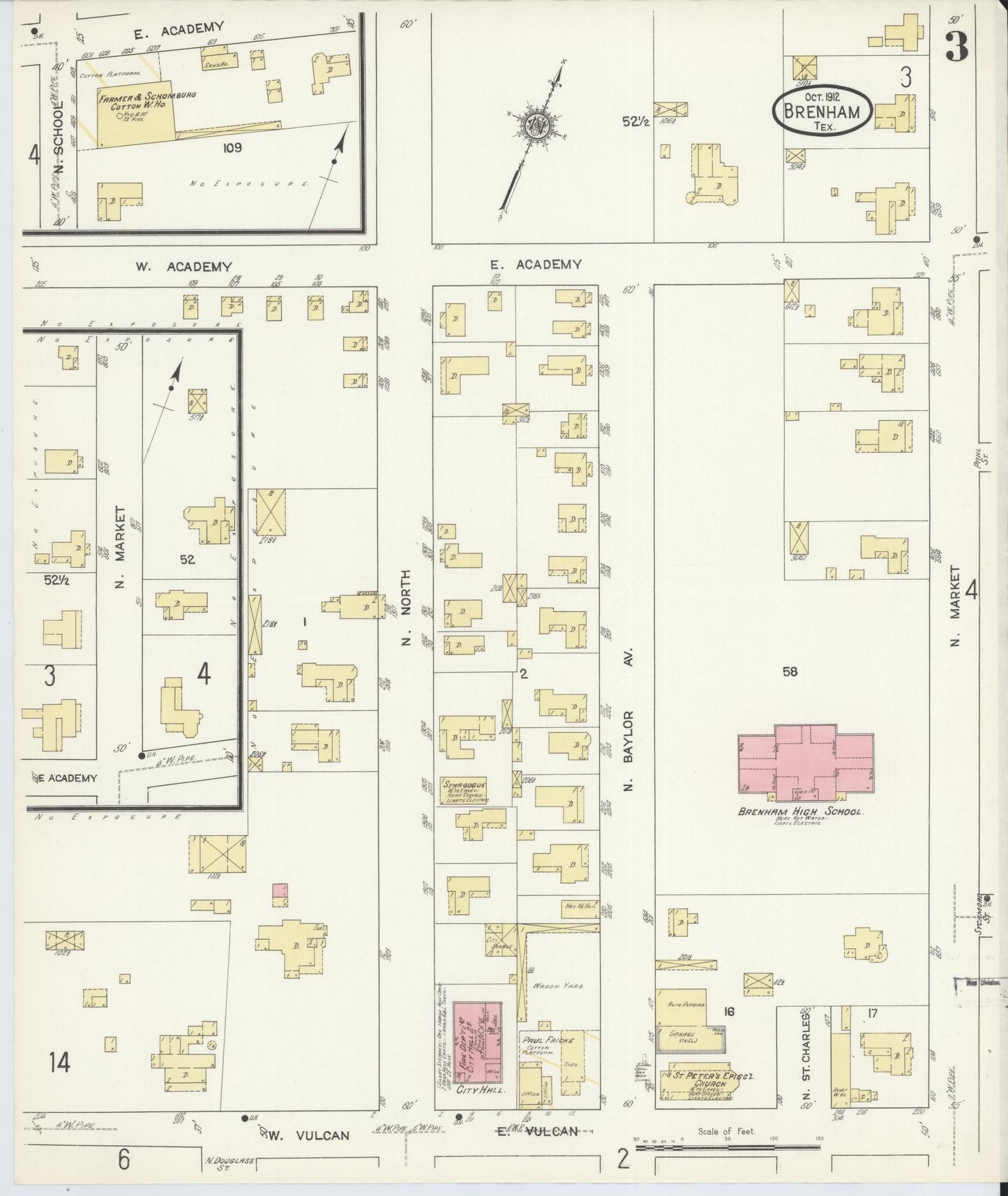 Sanborn Fire Insurance Map from Brenham, Washington County, Texas (1912), Sheet #0003 - Historic Sanborn Fire Insurance Map Print, vintage old map wall art, antique decor, genealogy gift, Texas Texas map