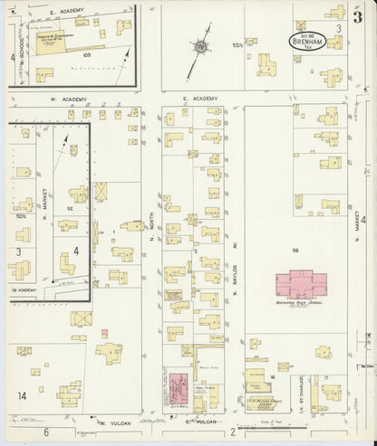 Sanborn Fire Insurance Map from Brenham, Washington County, Texas (1912), Sheet #0003 - Historic Sanborn Fire Insurance Map Print, vintage old map wall art, antique decor, genealogy gift, Texas Texas map