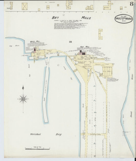 Sanborn Fire Insurance Map from Sault Sainte Marie, Chippewa County, Michigan (1887), Sheet #0008 - Historic Sanborn Fire Insurance Map Print, vintage old map wall art, antique decor, genealogy gift, Michigan Michigan map