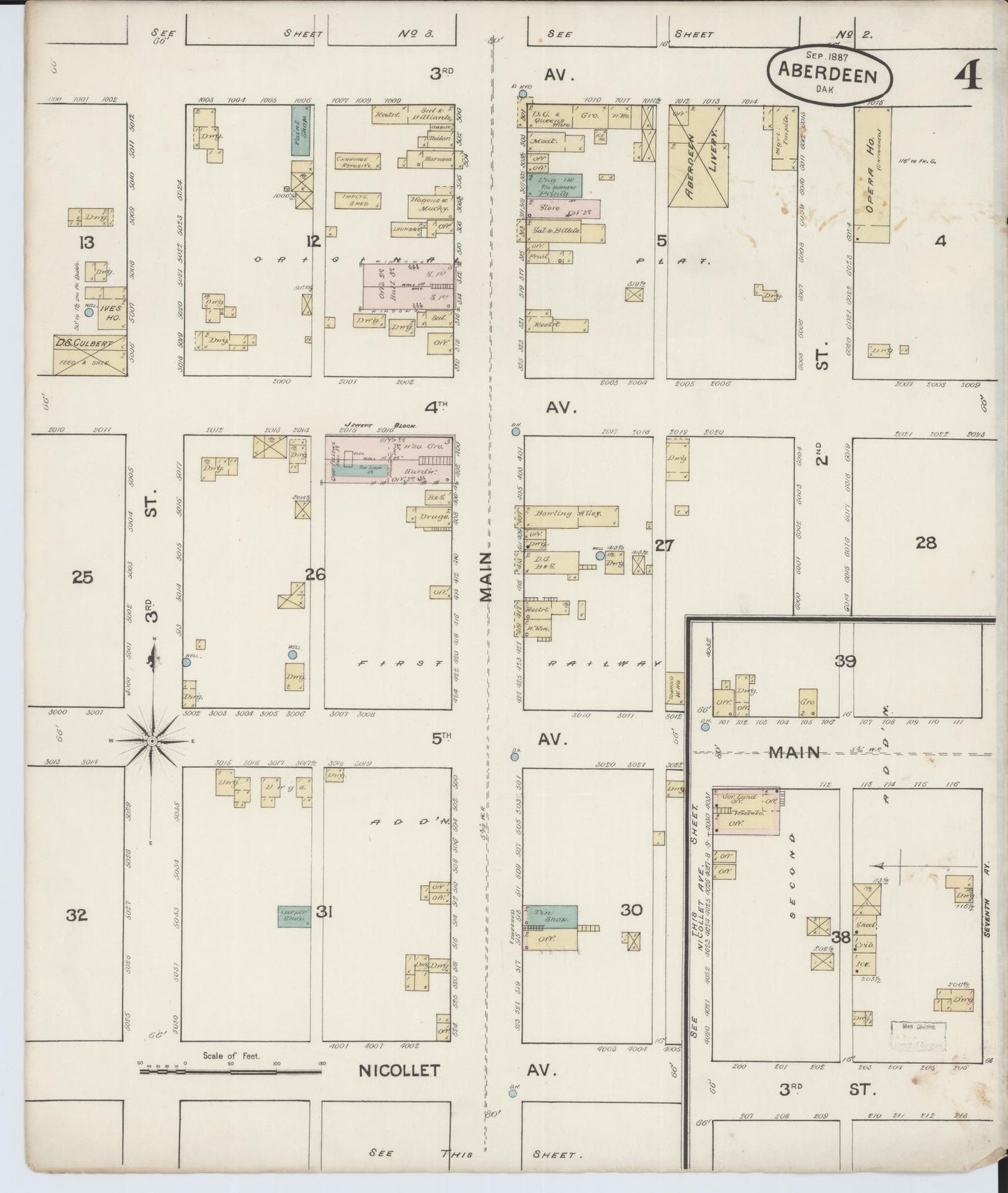 Sanborn Fire Insurance Map from Aberdeen, Brown County, South Dakota (1887), Sheet #0004 - Historic Sanborn Fire Insurance Map Print, vintage old map wall art, antique decor, genealogy gift, South Dakota South Dakota map