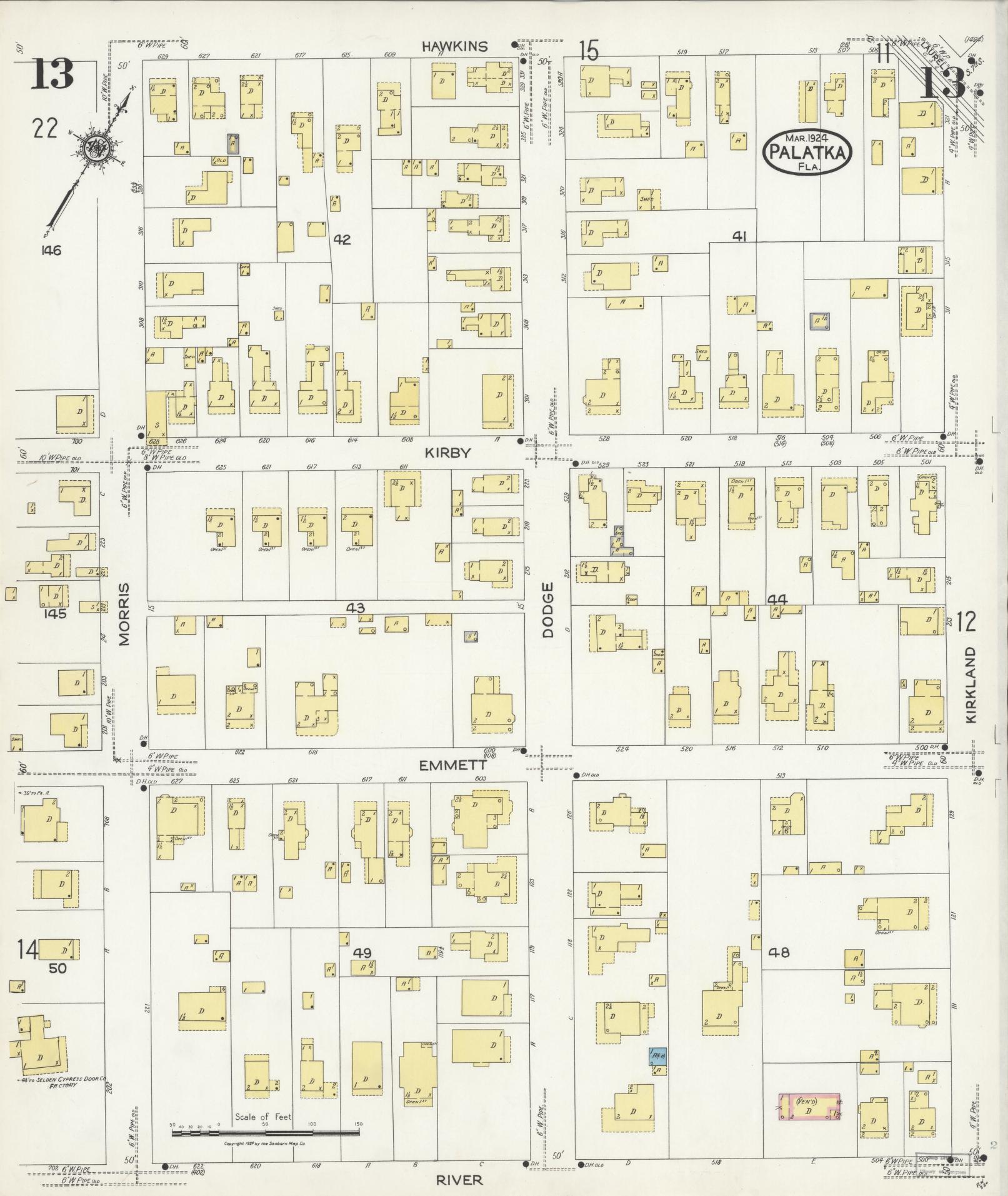 Sanborn Fire Insurance Map from Palatka, Putnam County, Florida (1924), Sheet #0013 - Complete Map Set gallery image, historic Sanborn map, vintage wall art, Florida Florida
