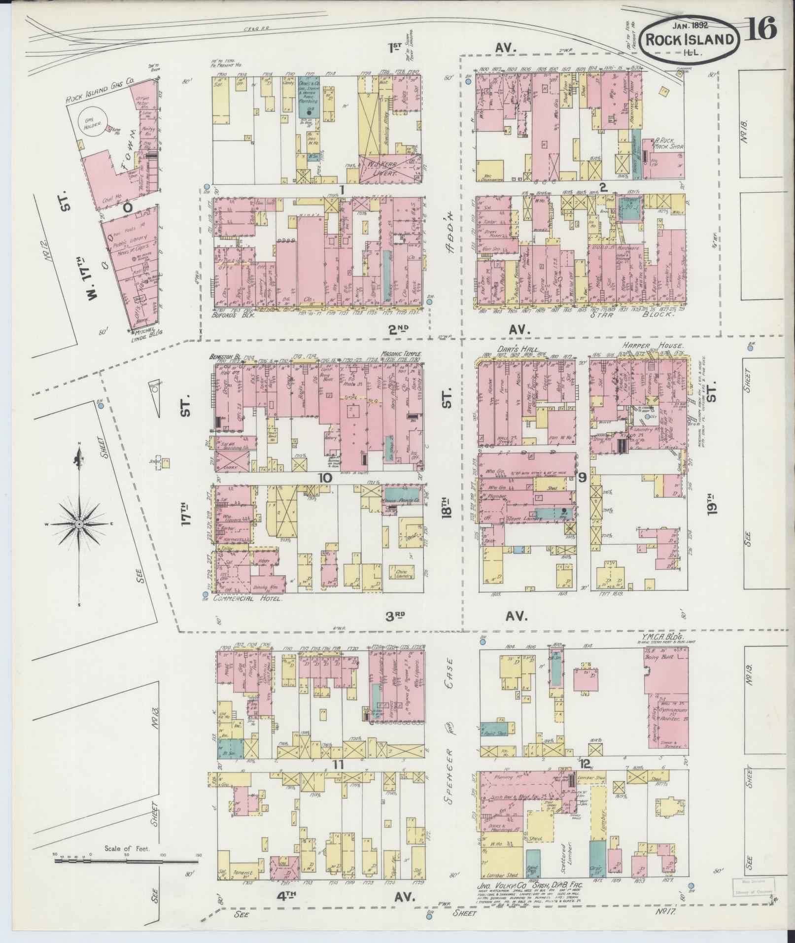 Sanborn Fire Insurance Map from Rock Island, Rock Island County, Illinois (1892), Sheet #0016 - Historic Sanborn Fire Insurance Map Print, vintage old map wall art, antique decor, genealogy gift, Illinois Illinois map