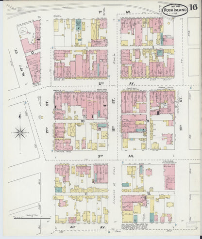 Sanborn Fire Insurance Map from Rock Island, Rock Island County, Illinois (1892), Sheet #0016 - Historic Sanborn Fire Insurance Map Print, vintage old map wall art, antique decor, genealogy gift, Illinois Illinois map