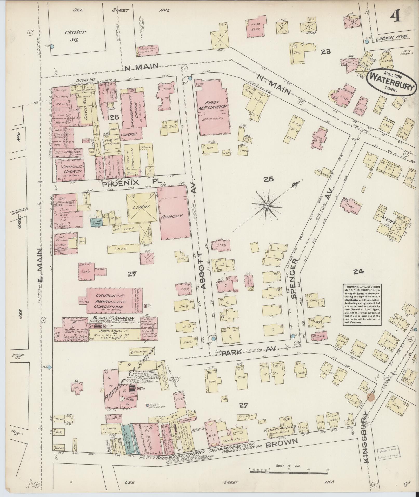 Sanborn Fire Insurance Map from Waterbury, New Haven County, Connecticut (1884), Sheet #0004 - Complete Map Set gallery image, historic Sanborn map, vintage wall art, Connecticut Connecticut