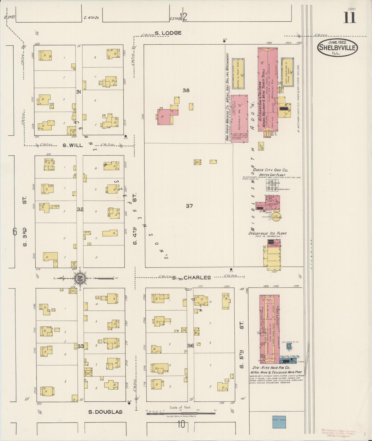 Sanborn Fire Insurance Map from Shelbyville, Shelby County, Illinois (1922), Sheet #0011 - Complete Map Set gallery image, historic Sanborn map, vintage wall art, Illinois Illinois