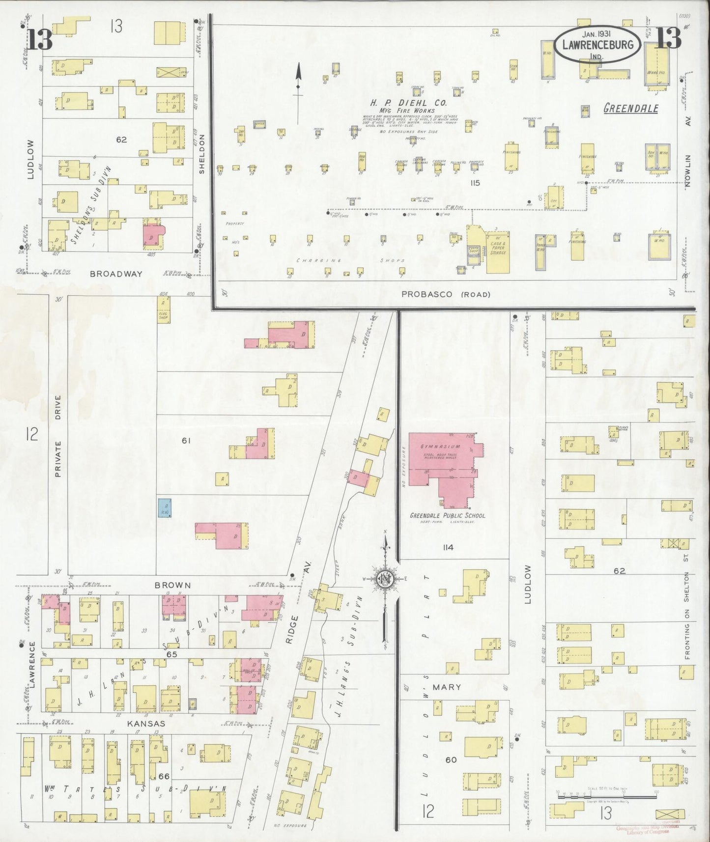 Sanborn Fire Insurance Map from Lawrenceburg, Dearborn County, Indiana (1931), Sheet #0013 - Historic Sanborn Fire Insurance Map Print, vintage old map wall art, antique decor, genealogy gift, Indiana Indiana map