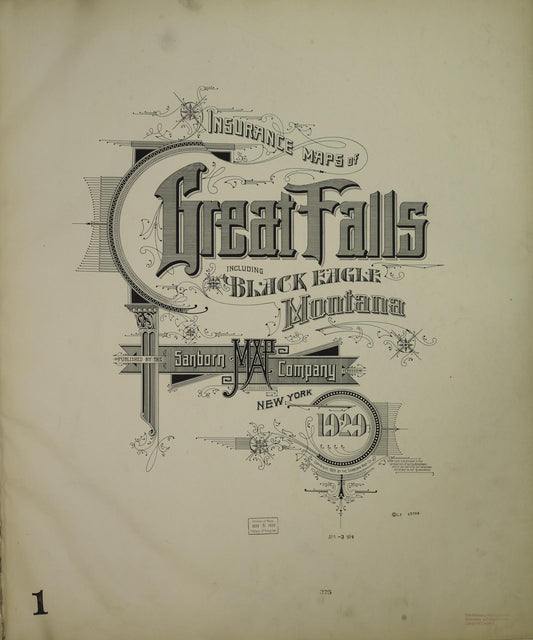 Sanborn Fire Insurance Map from Great Falls, Cascade County, Montana (1929), Sheet #0001 - Historic Sanborn Fire Insurance Map Print, vintage old map wall art, antique decor, genealogy gift, Montana Montana map